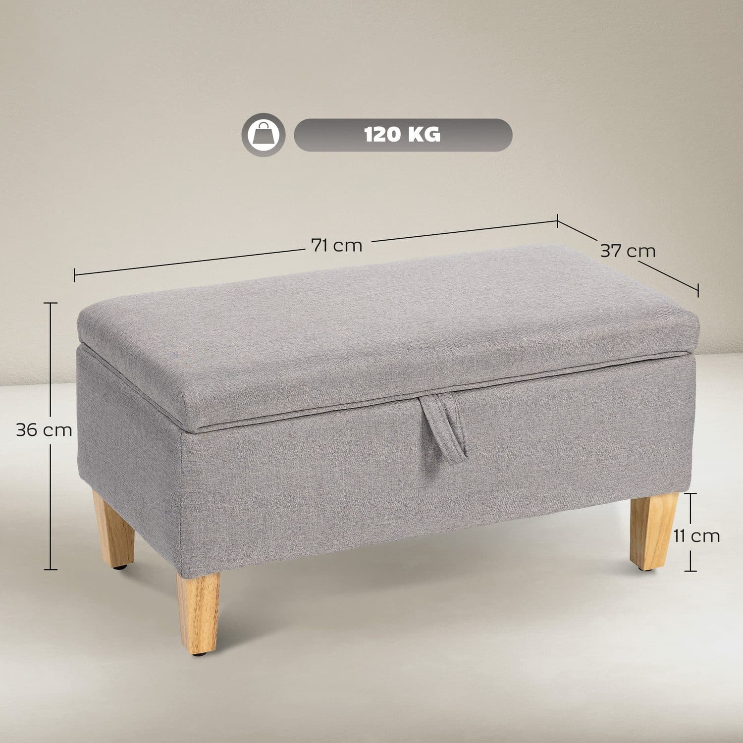 Light Grey Storage Ottoman with Foam-Padded Lid and Solid Wood Legs - image 4