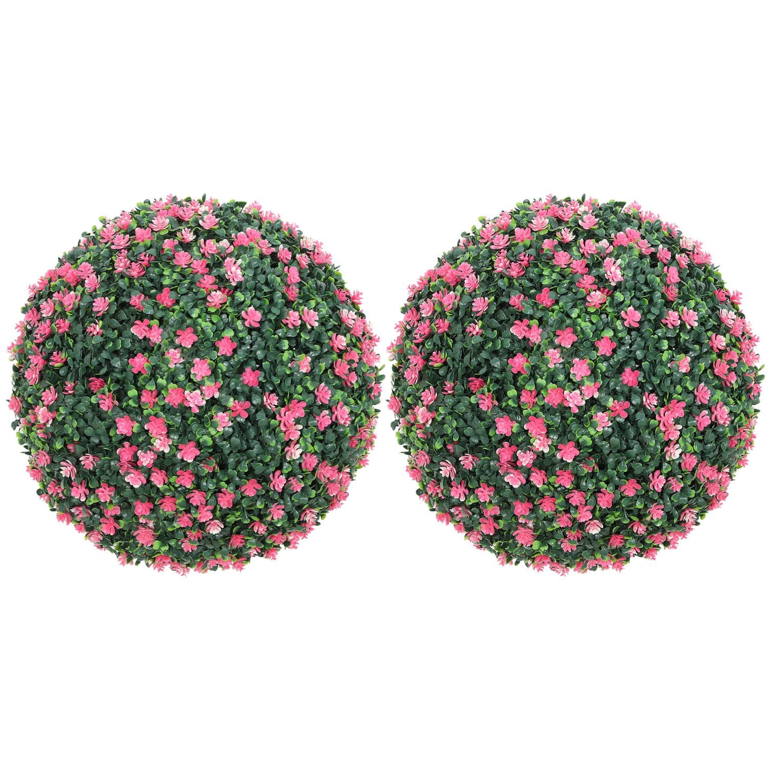 Artificial Boxwood Topiary Balls with Pink Flowers, Set of 2 - Pink