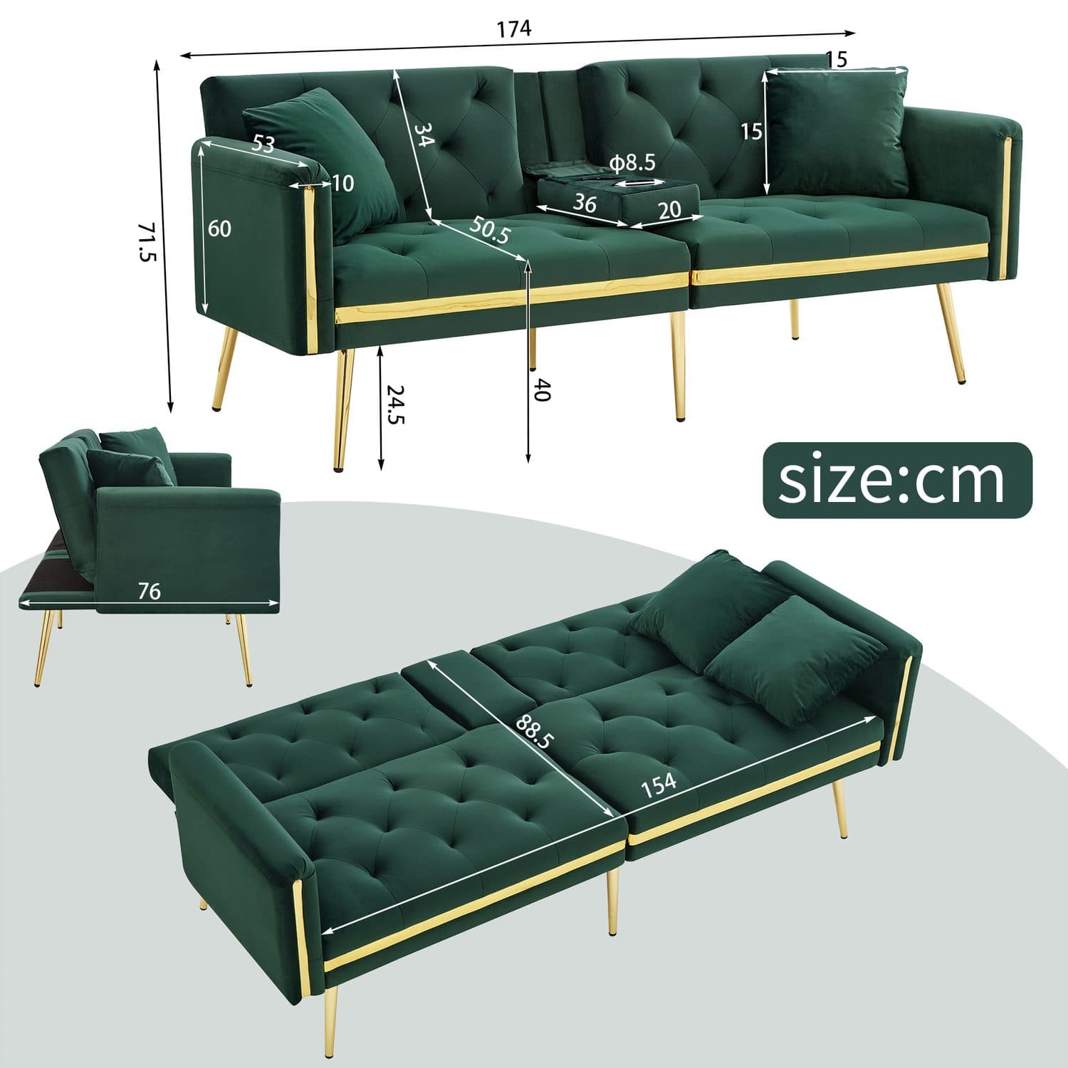 Green Velvet 2 Seater Sofa Bed with Built-In Cup Holders - image 1