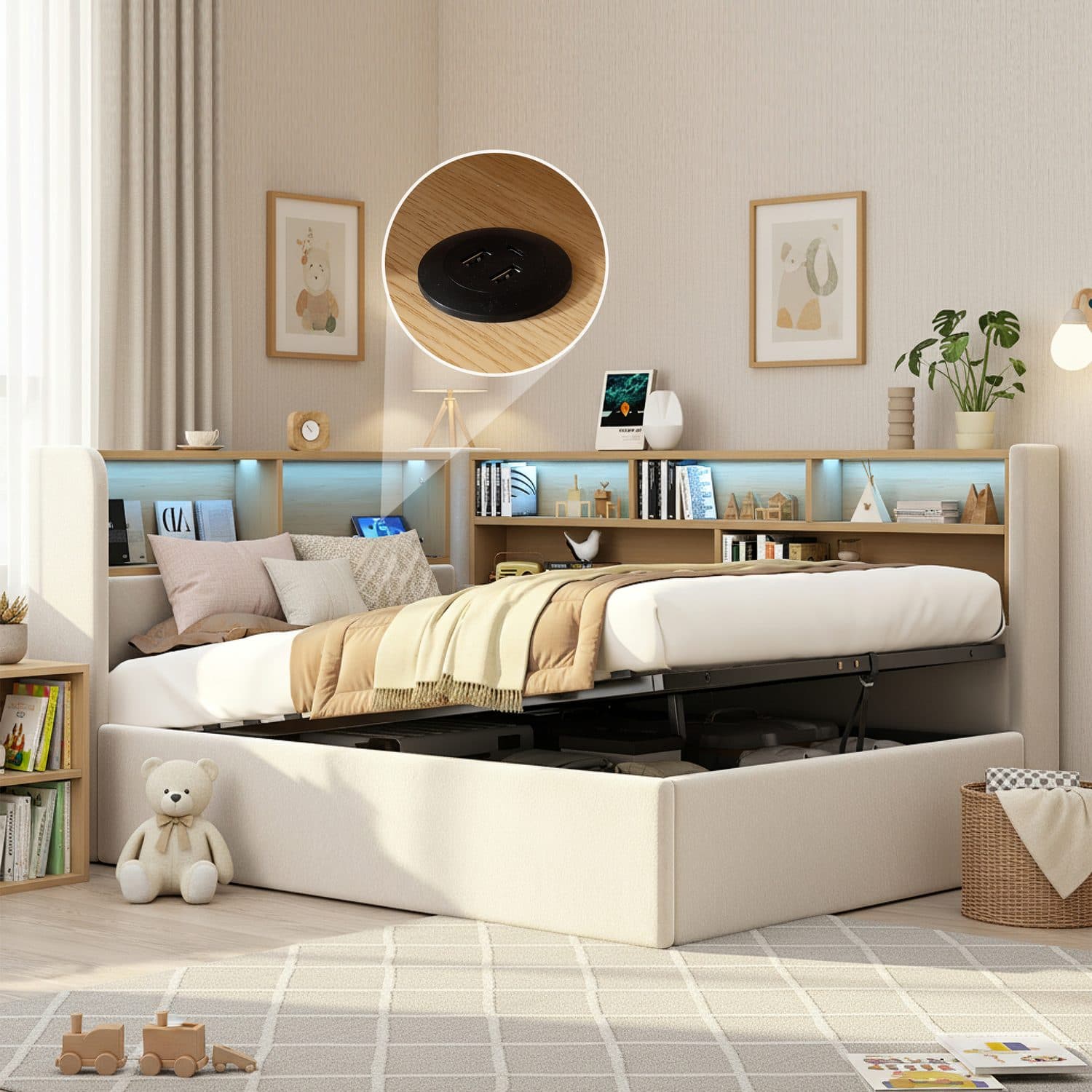 A beige single daybed built for sleep, storage and reading - Beige