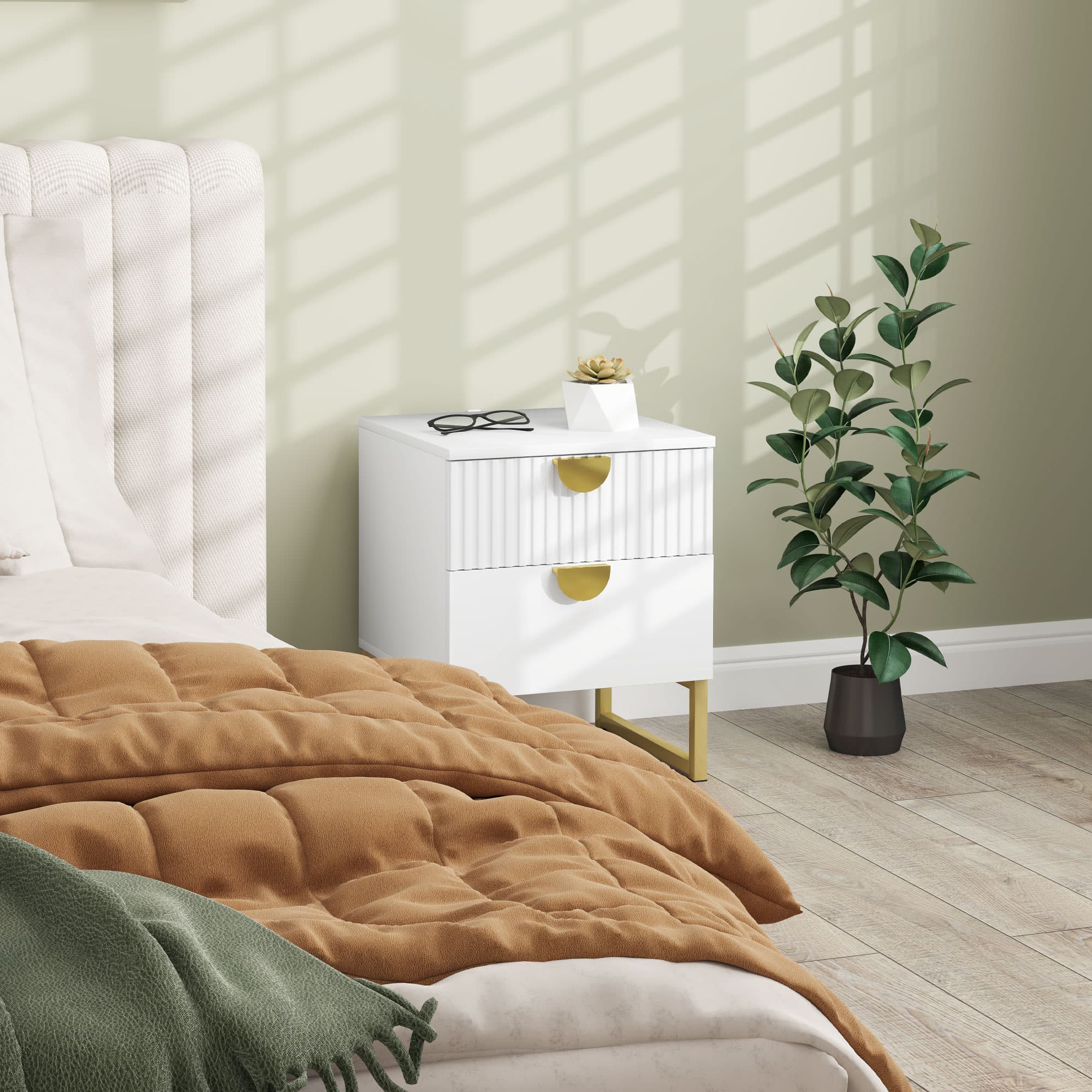 White Two-Drawer Bedside Table with Gold Handles - image 4