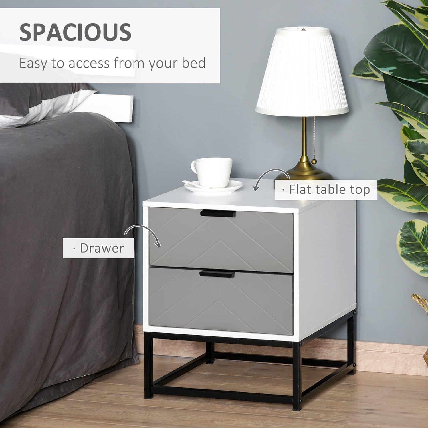 Two-Drawer Bedside Cabinet in Grey, White and Black Metal - image 5
