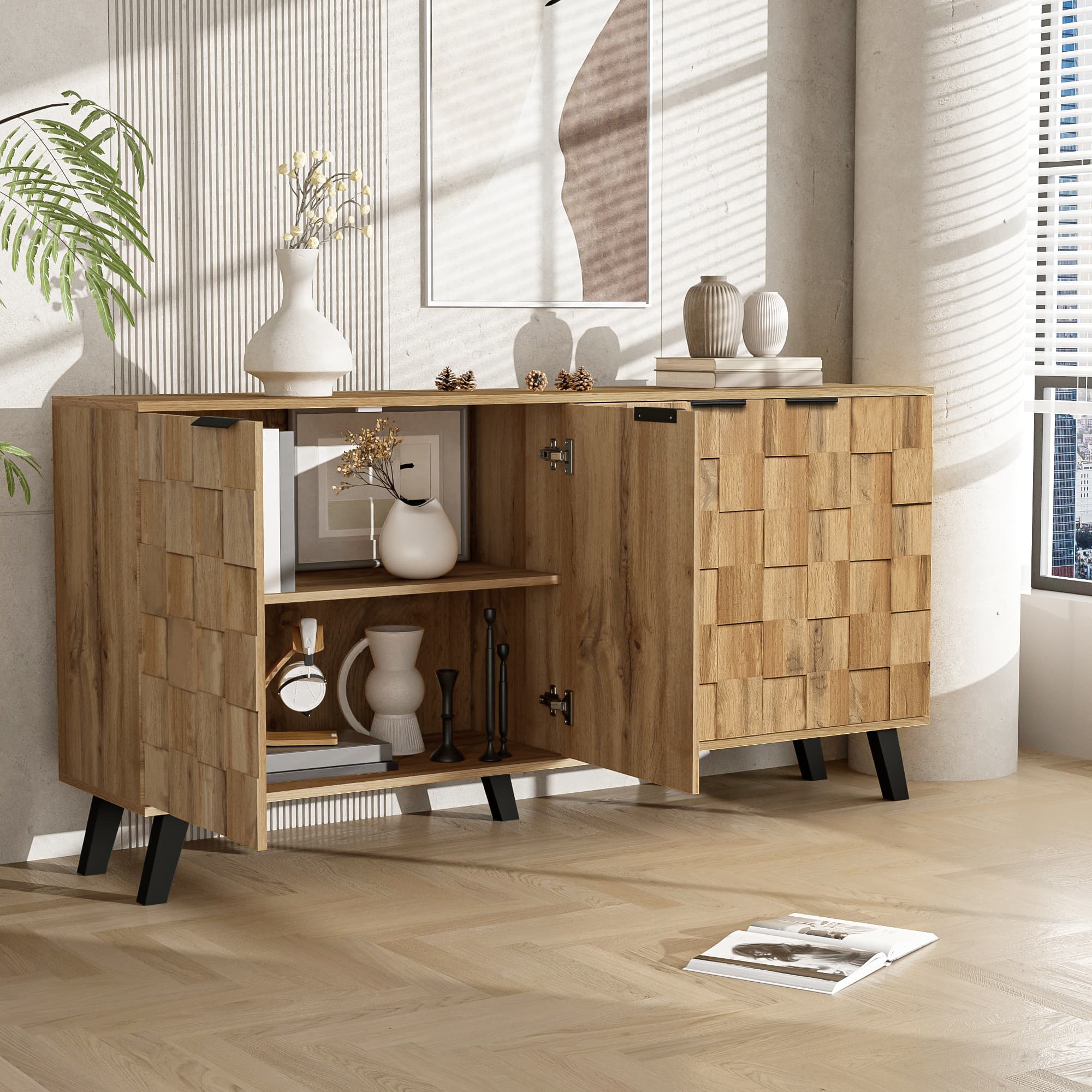150 cm Sideboard with Textured 4-Door Front and Oak Finish - image 6