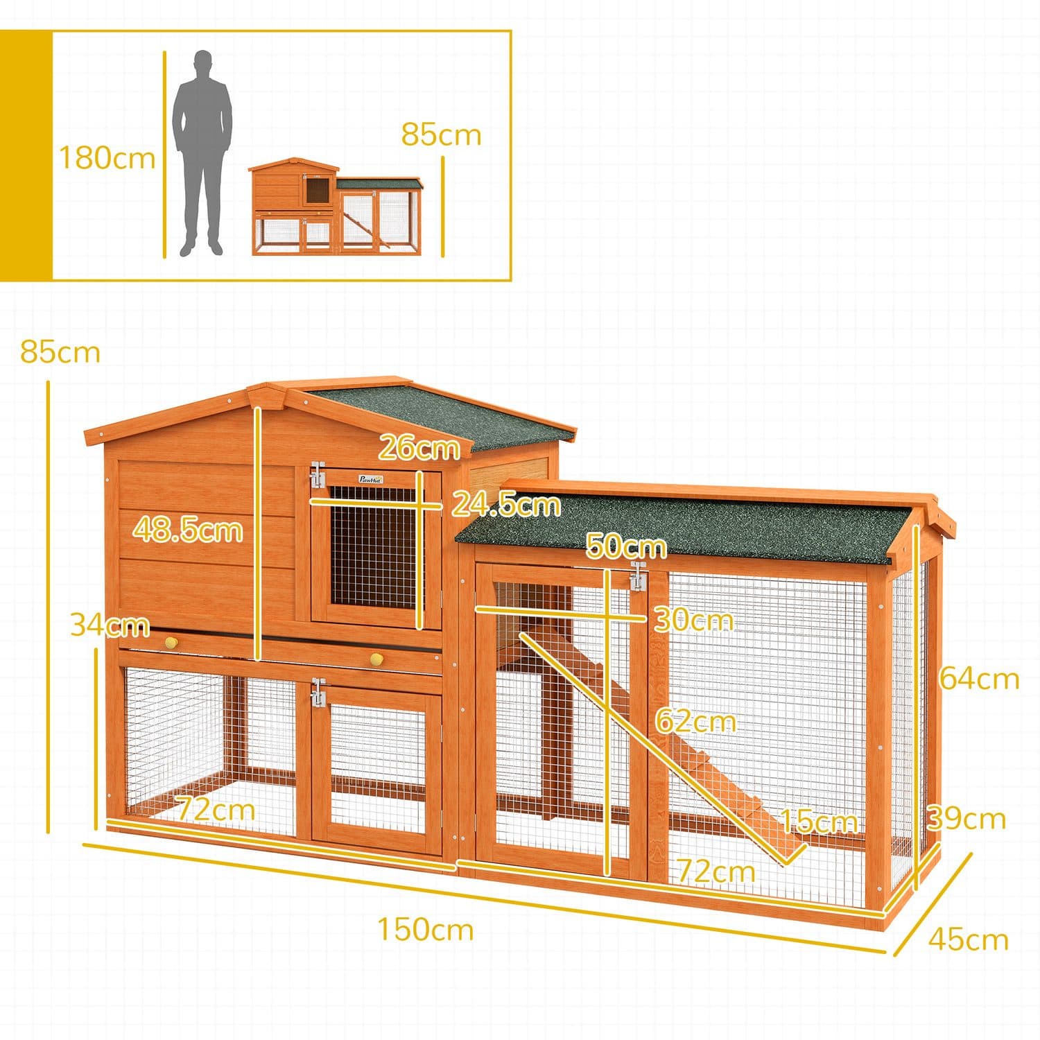 PawHut Two-Tier Rabbit Hutch with Run, Orange - image 1