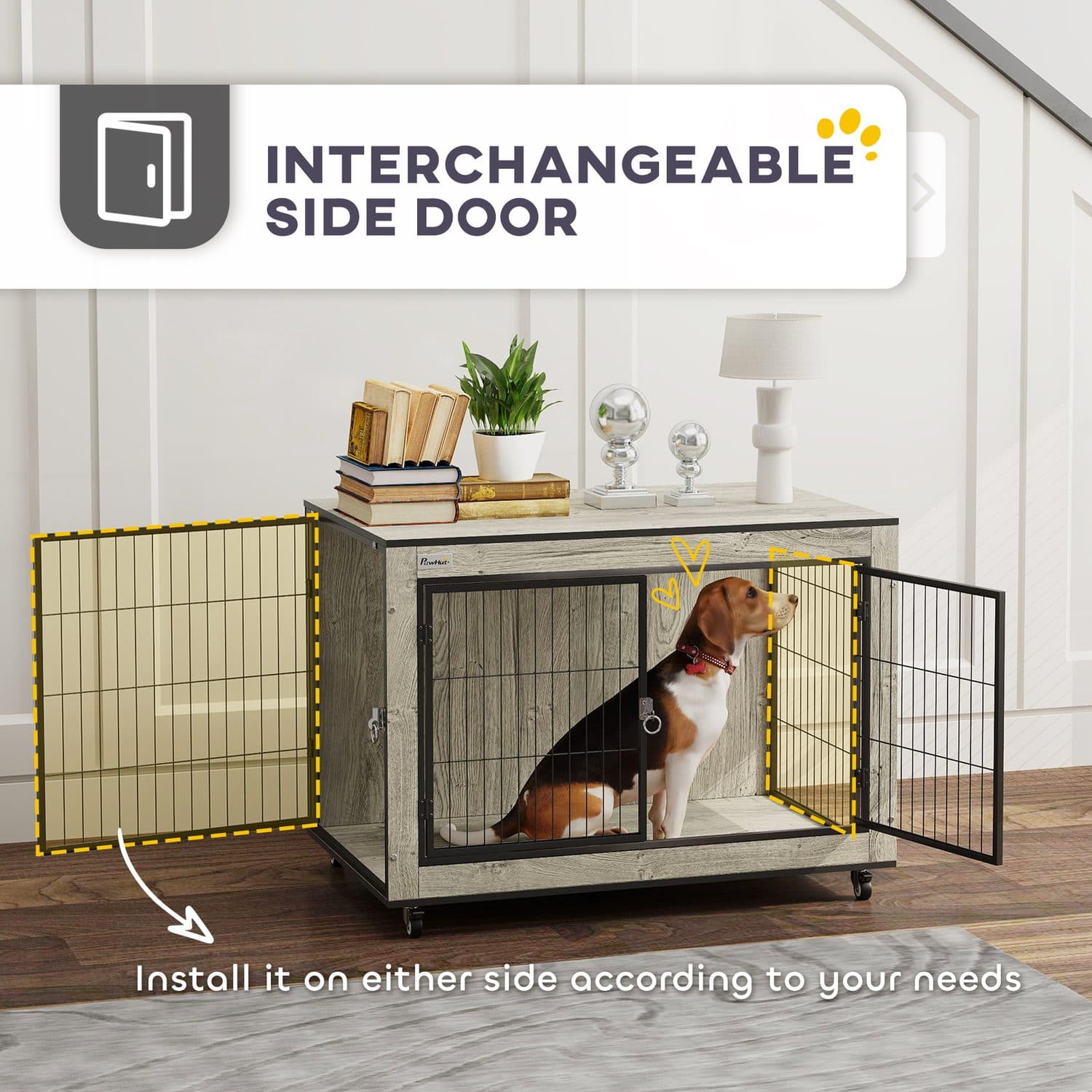 PawHut Rolling Dog Crate Furniture, Grey - image 5