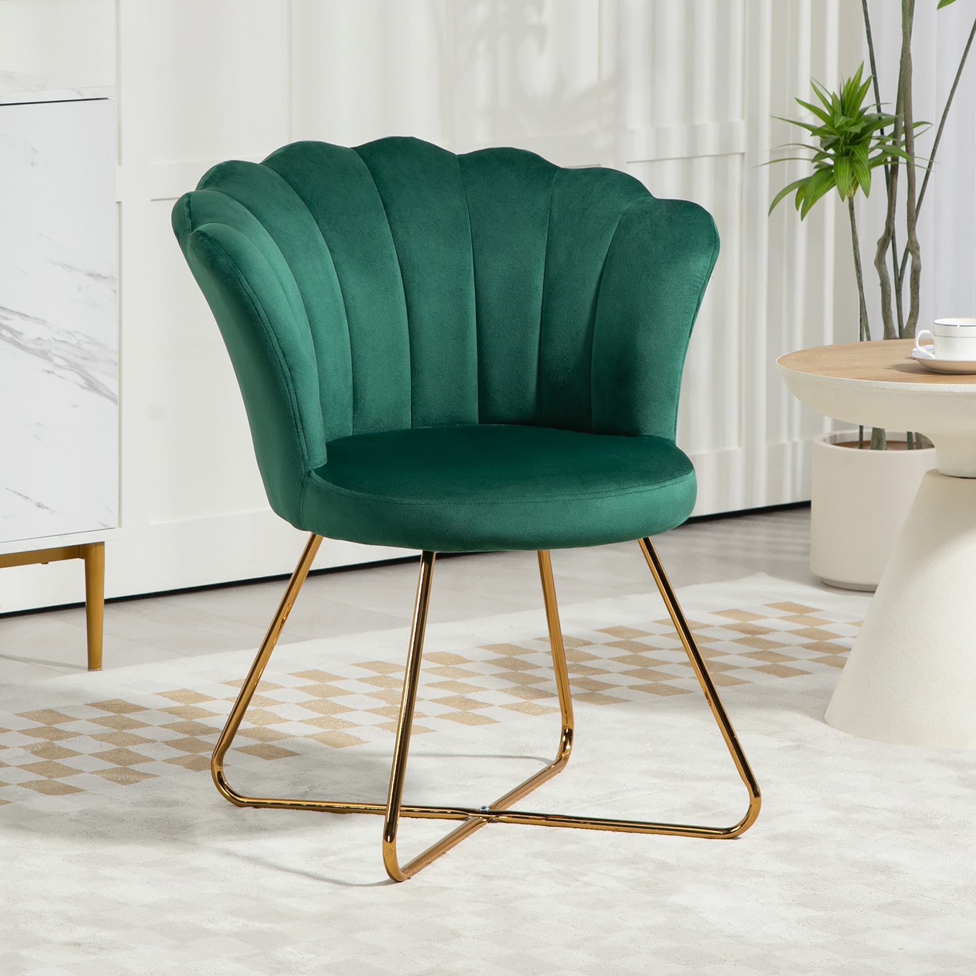 Green Velvet Scalloped Accent Chair with Gold Cross Base - image 1