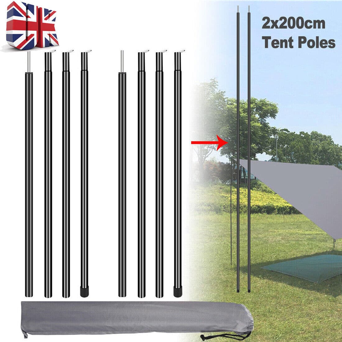 Two Adjustable Steel Poles for Tarps and Camping Shelters - Black