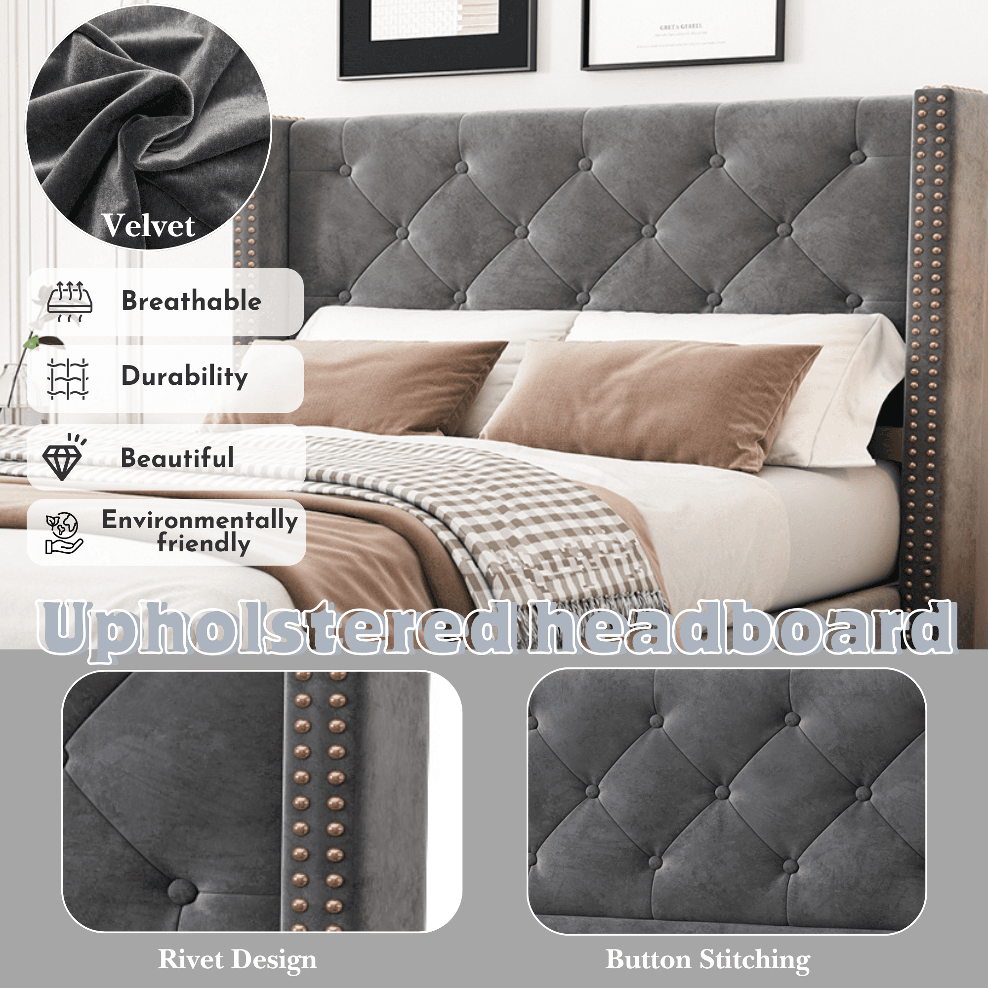 Velvet Single Bed with Button & Rivet Detailing - image 5