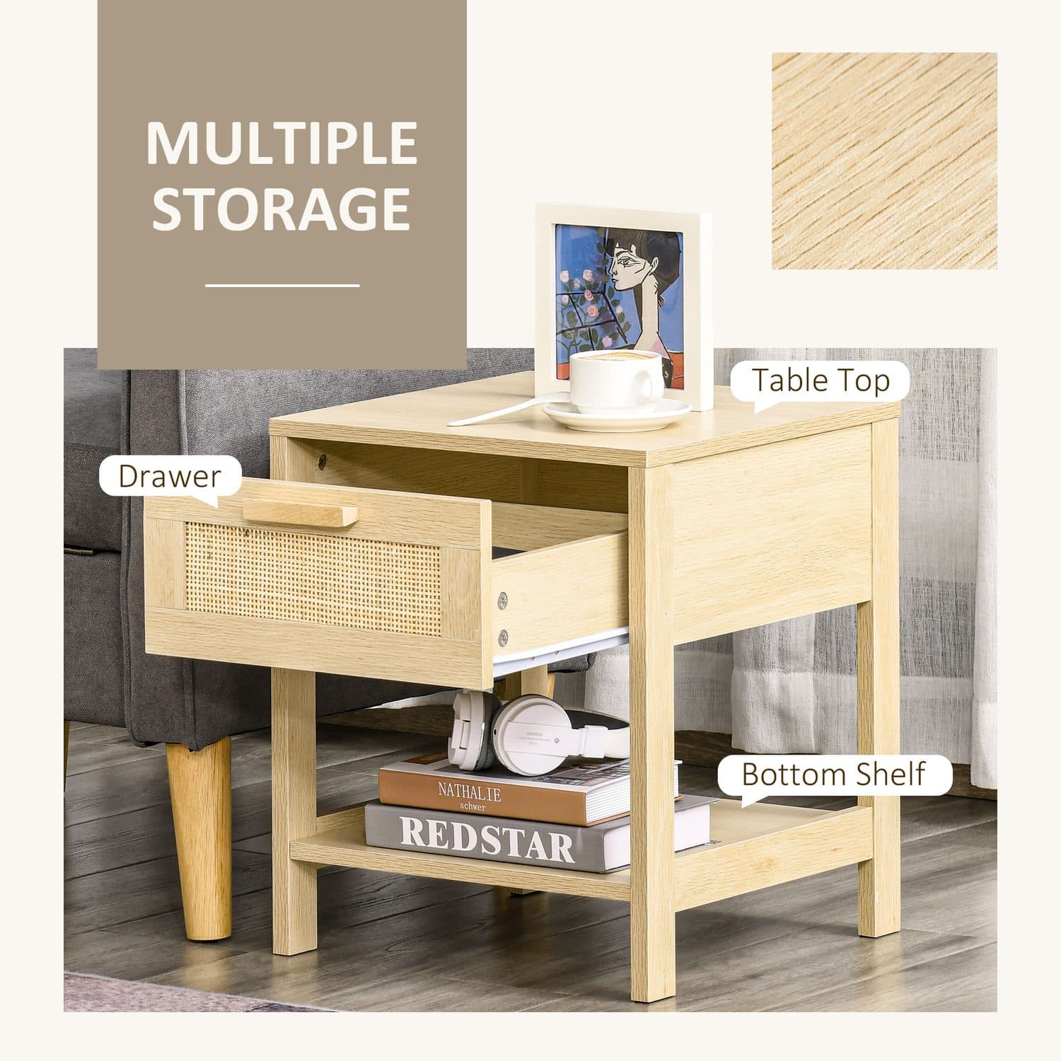 Natural Oak Rattan Drawer Bedside Tables (Set of 2) - image 3