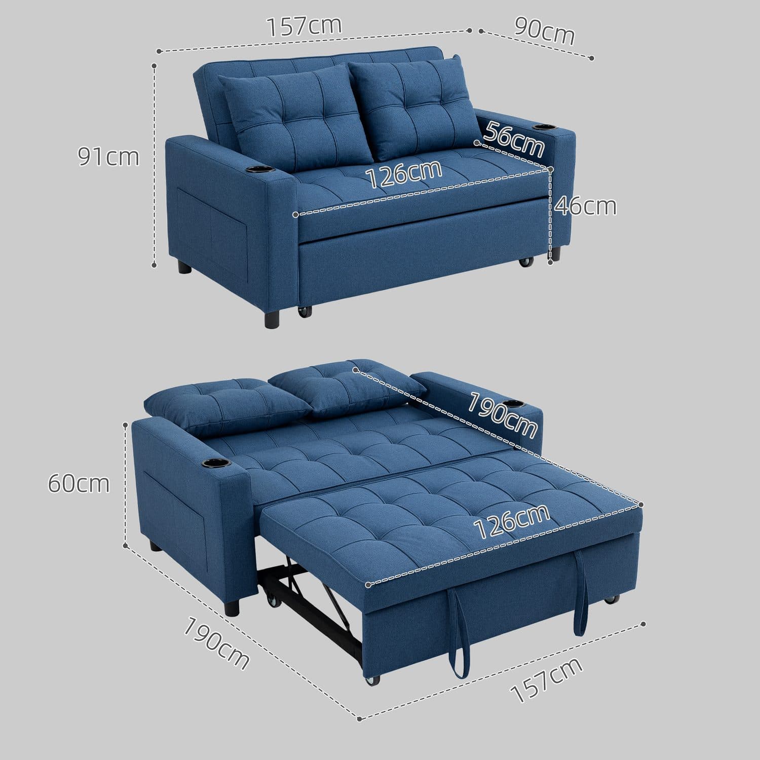 Dark Blue 2-Seater Sofa Bed - image 3