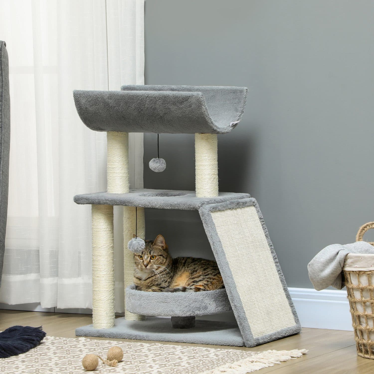 Light Grey Cat Tree with Sisal Scratching Posts, Top Perch and Round Bed - image 5