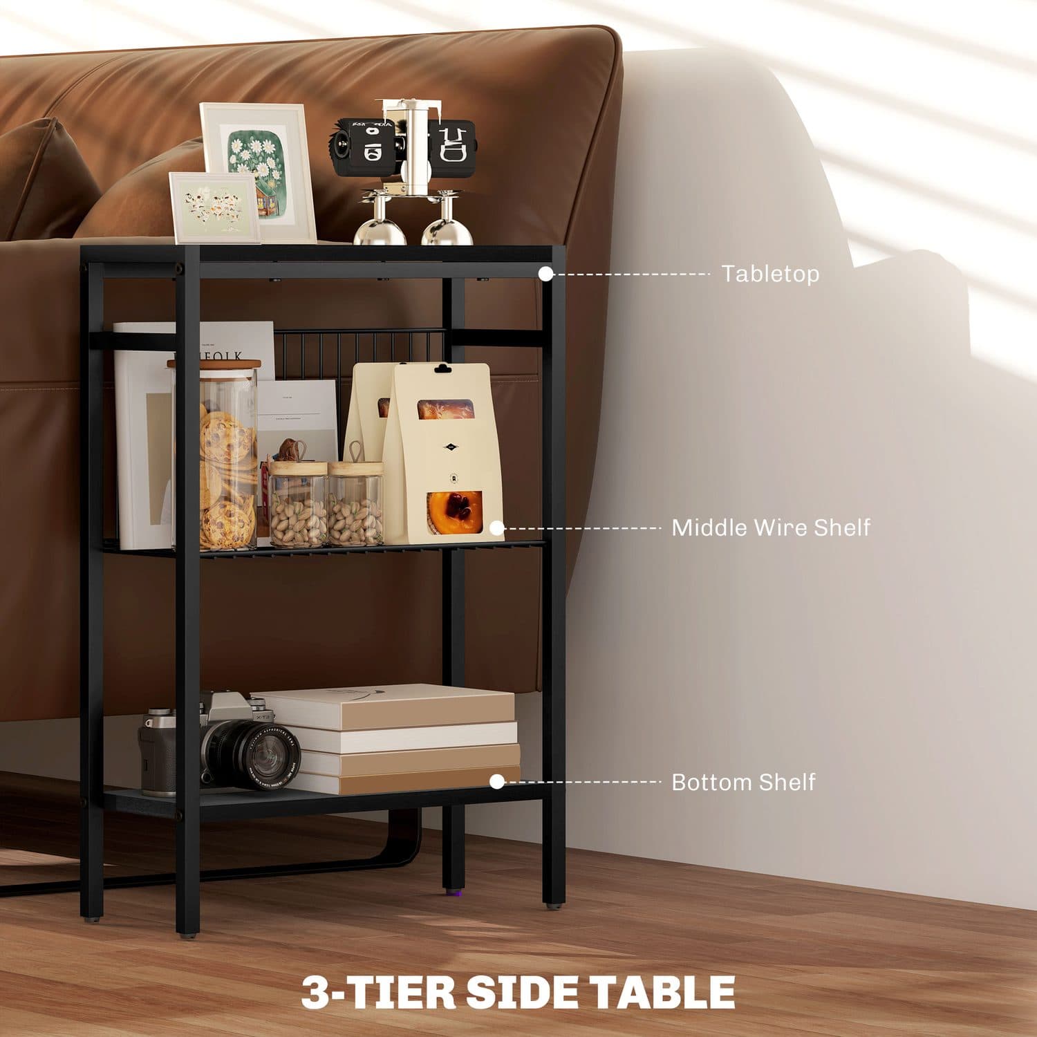 Slim Black Industrial Side Table with Three Shelves - image 4