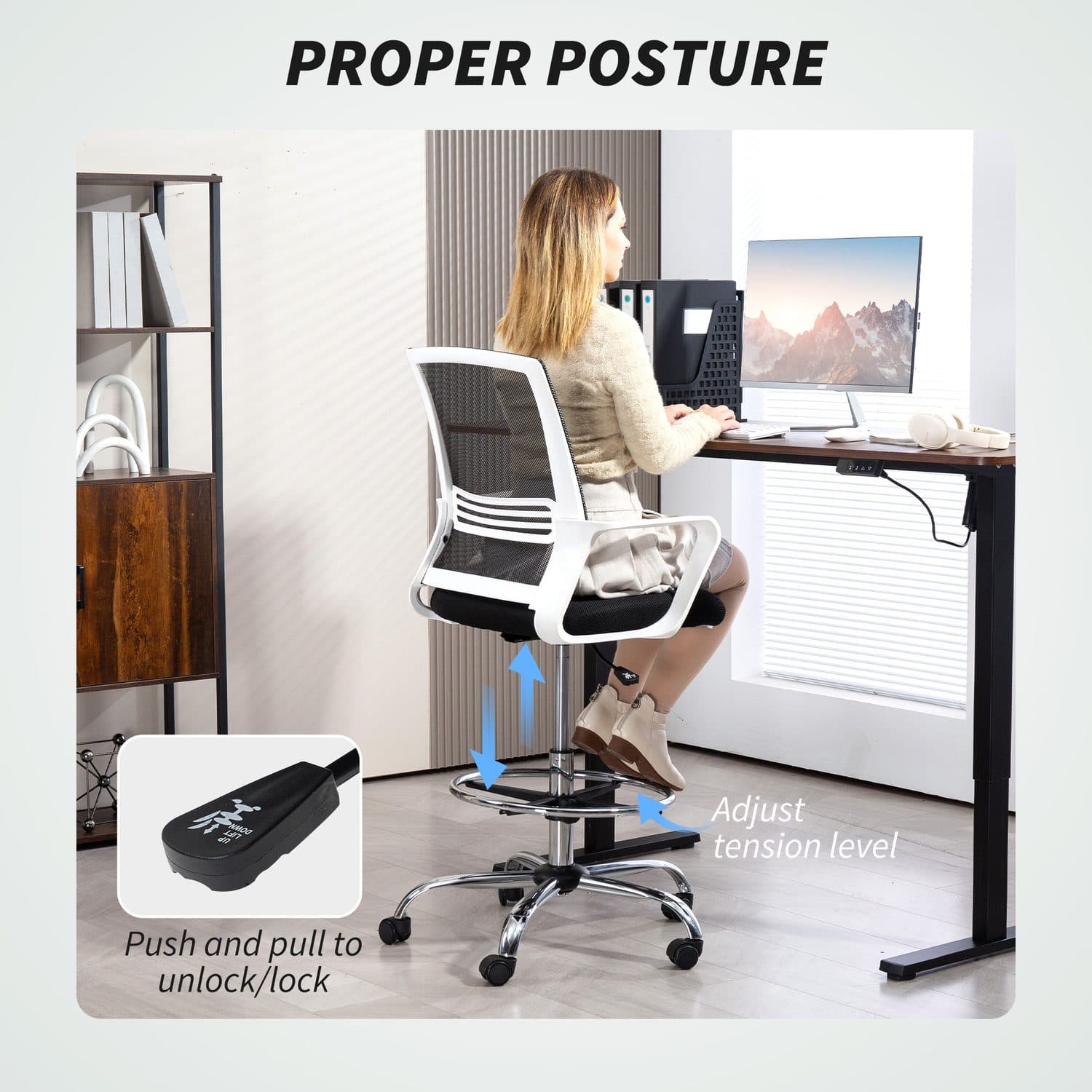 Tall Mesh Draughtsman Chair with Chrome Footring and Armrests - image 1