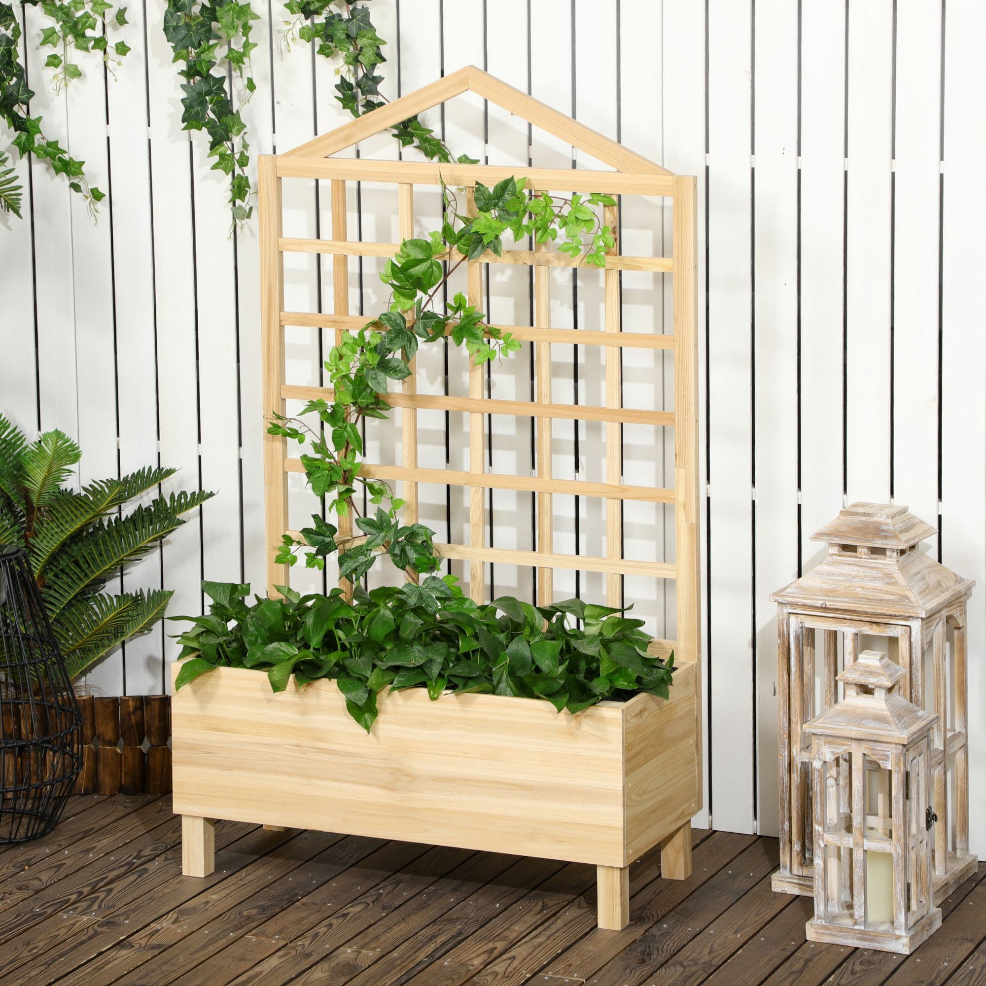 Natural wooden planter with trellis for climbing plants - image 2