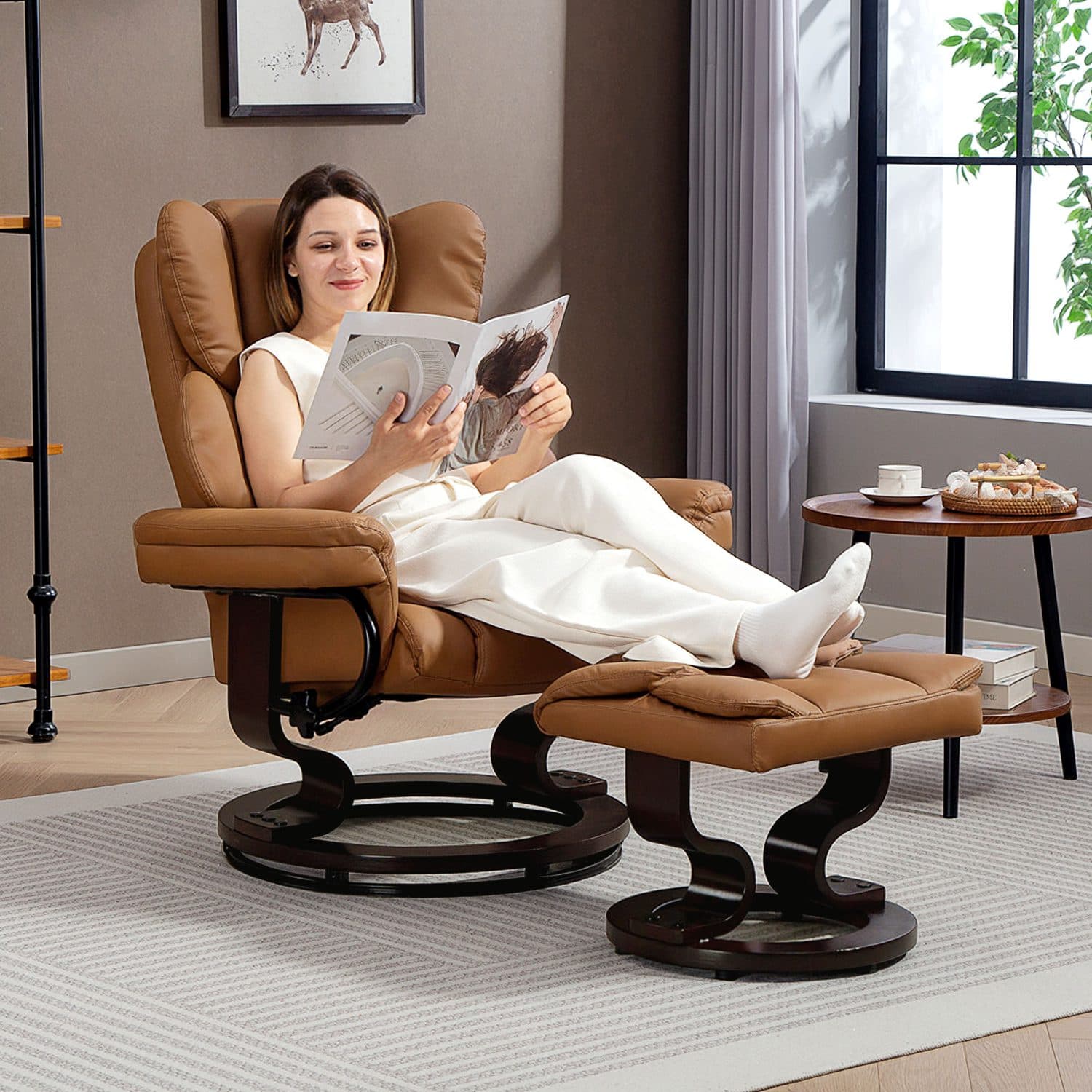 Reclining Armchair and Footstool in Tan Faux Leather - image 4