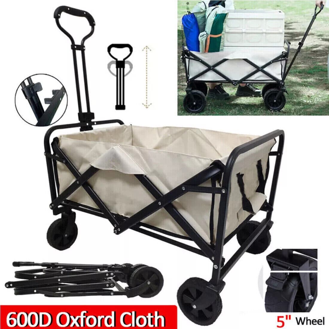 Folding Wagon Trolley with Four Wide Wheels for Outdoors - Black