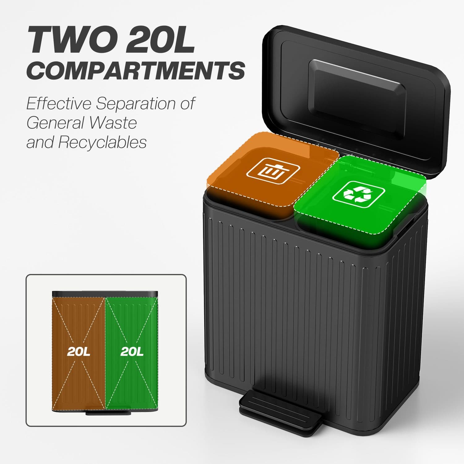40L Dual Compartment Pedal Bin With Soft-Close Lid in Black - image 2