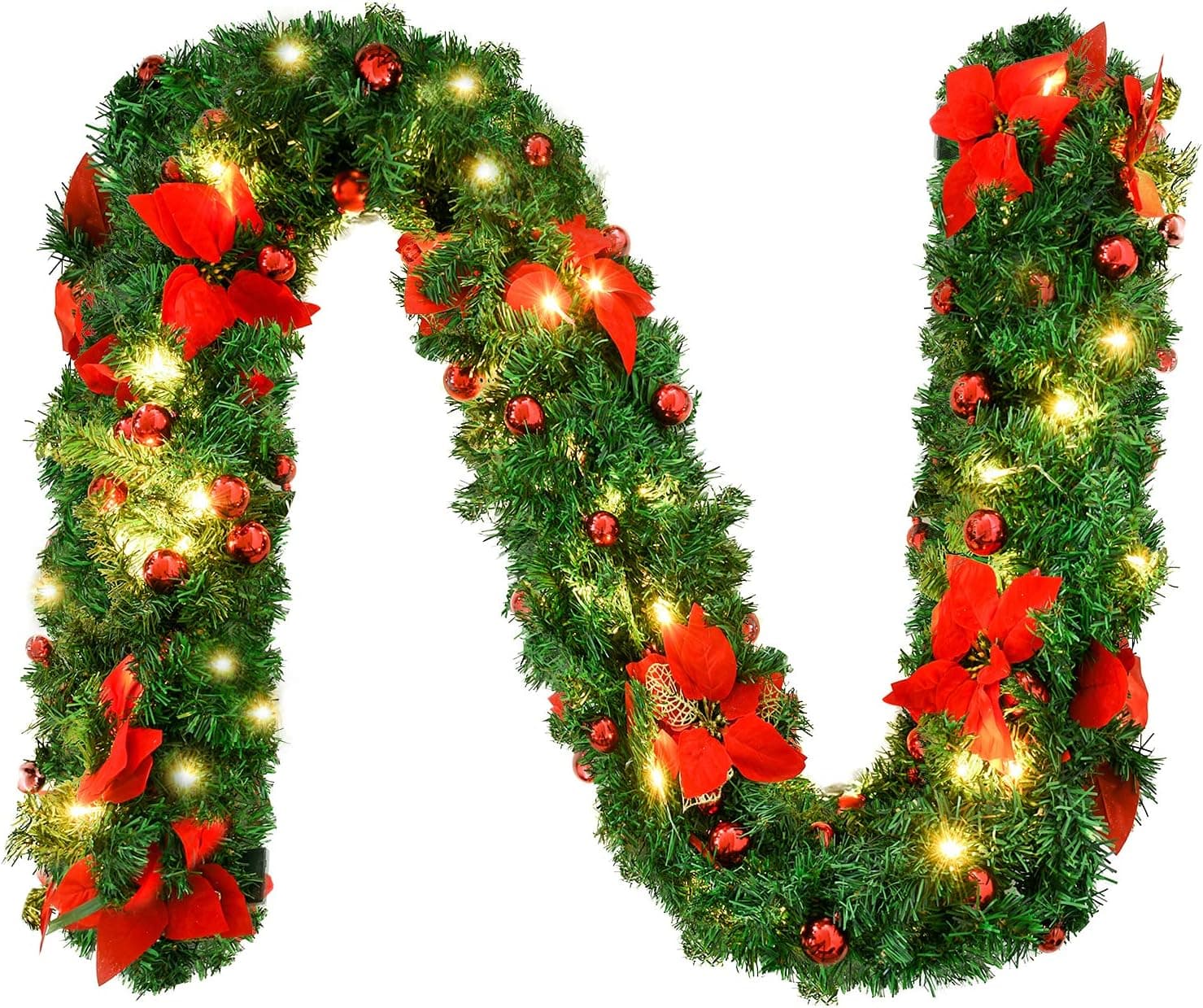 9 ft Christmas Garland with Red Poinsettias and Warm White LEDs