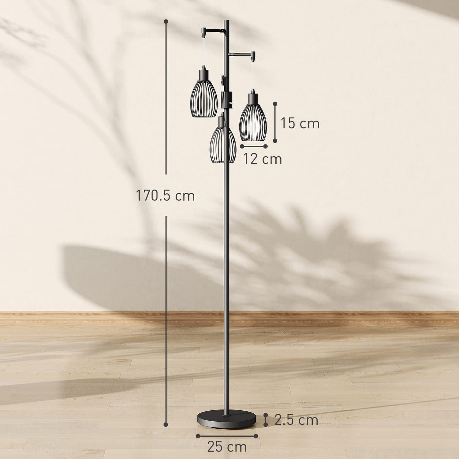 Black Industrial Floor Lamp With 3 Wire Cage Shades and Dimmer - image 2