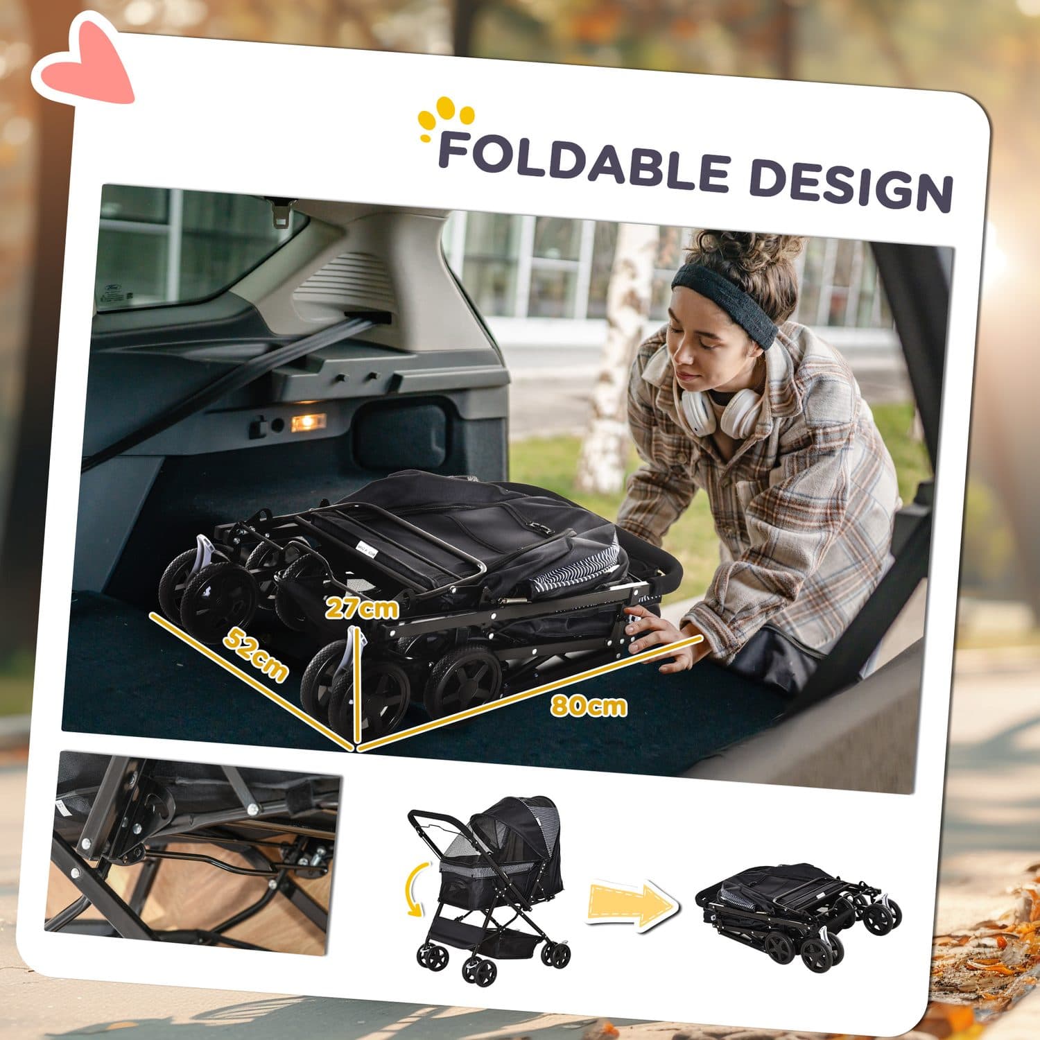 Foldable Pet Stroller with Reversible Handle and Storage Basket - image 2