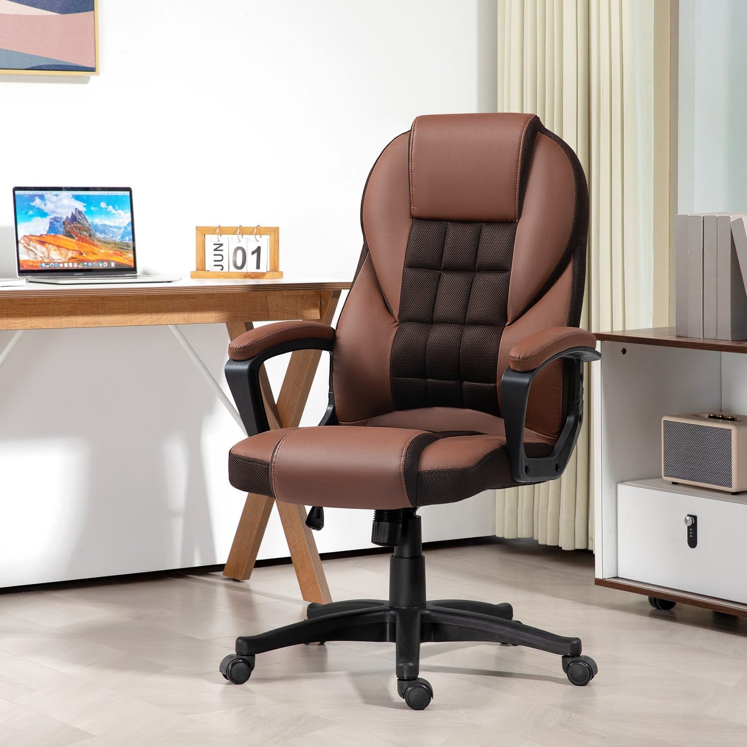 High-Back Office Chair in Brown Faux Leather with Mesh Panel - image 5