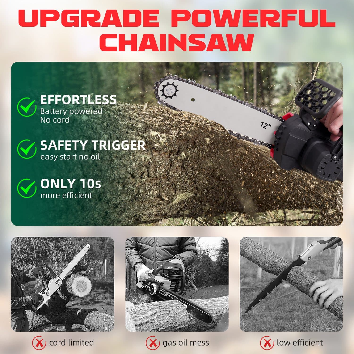 Cut branches with a 12 inch cordless chainsaw kit - image 2