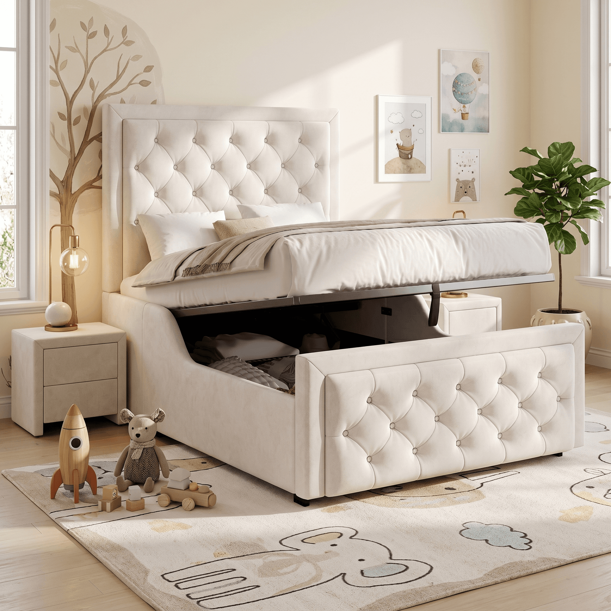 Beige Velvet Single Ottoman Bed