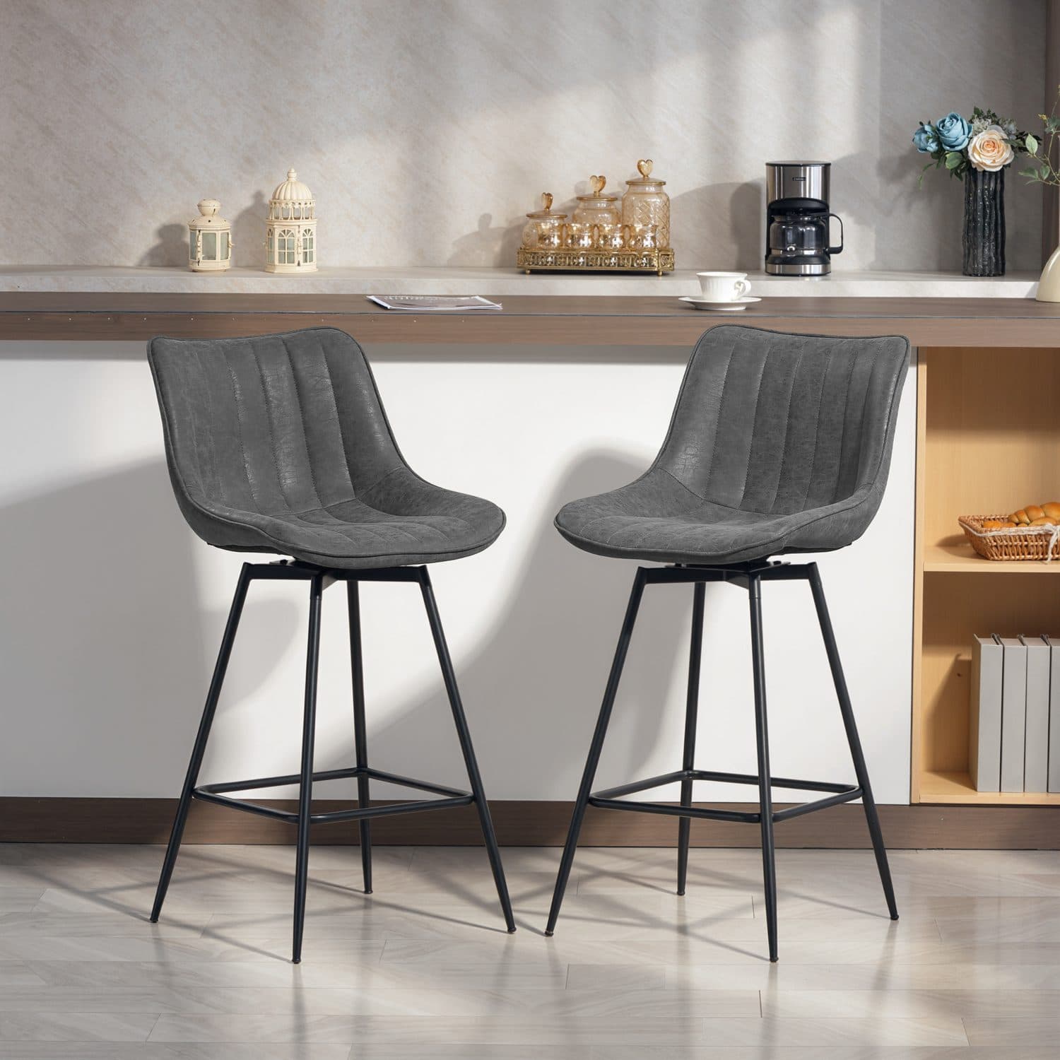 Swivel Bar Stools in Grey PU Leather — Set of Two - image 2
