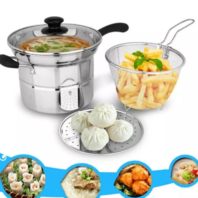 Stainless Steel Chip Pan for Frying and Steaming - Silver