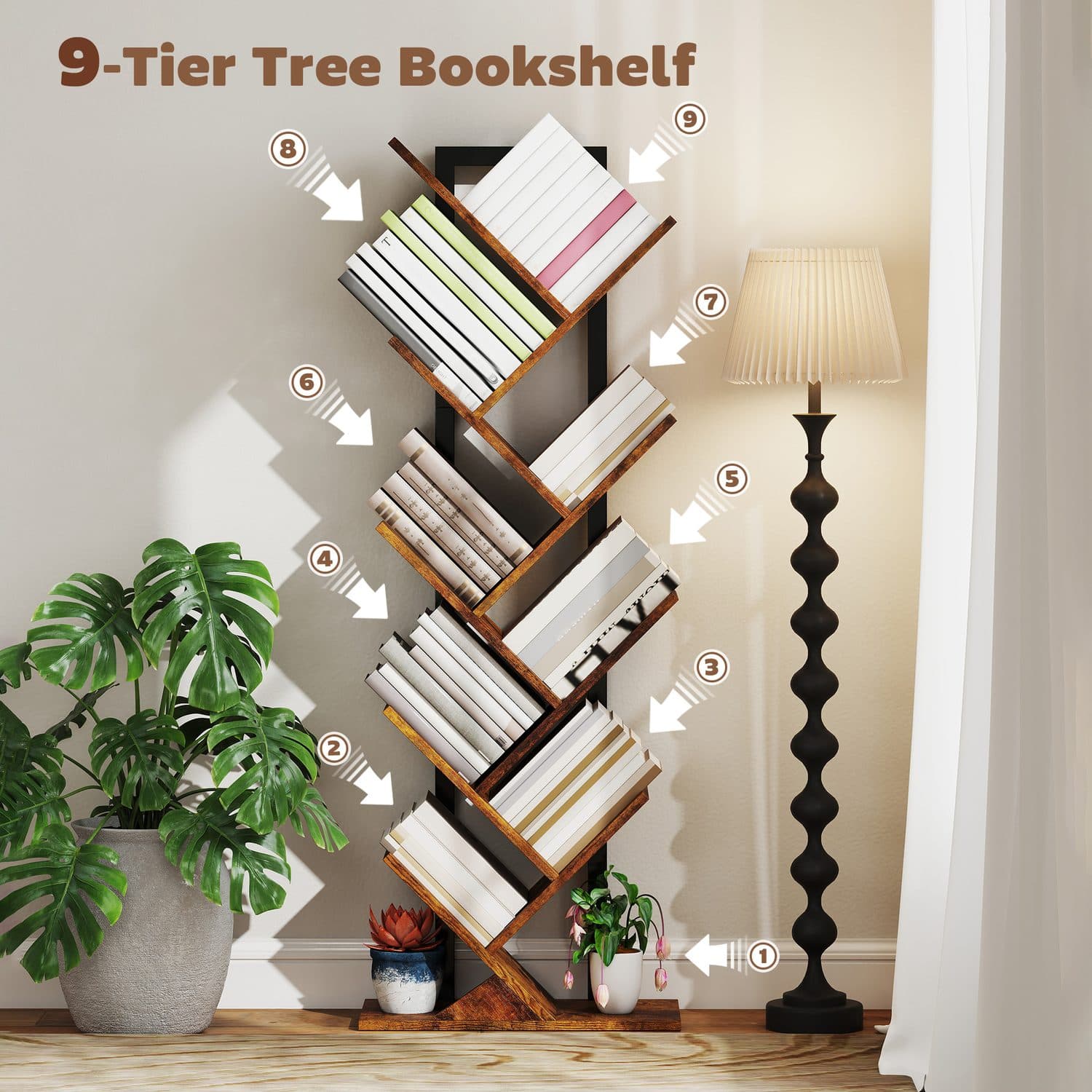 Tree-Style Bookcase — 8 Shelves, Rustic Wood-Effect - image 5