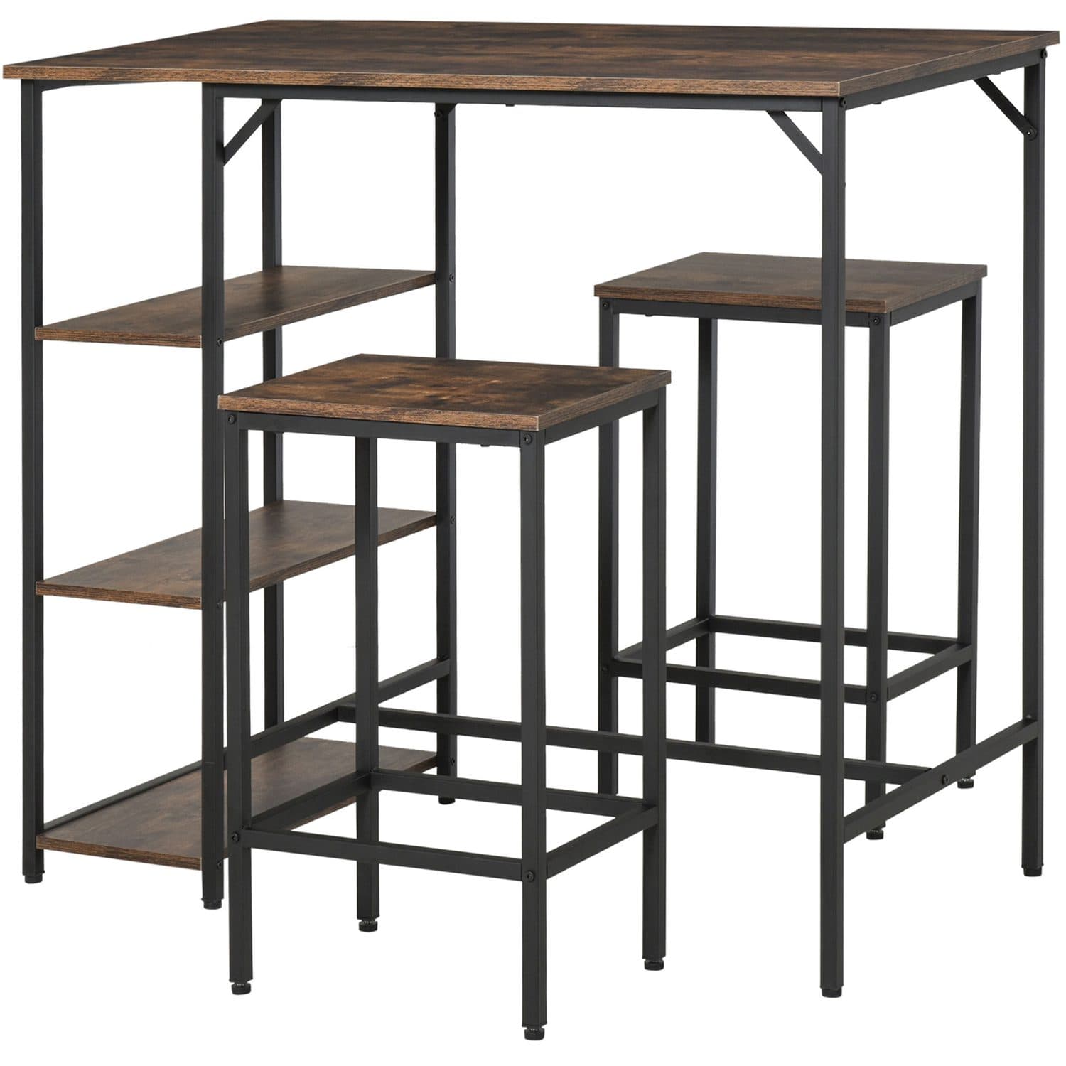 Space-Saving Industrial Bar Table Set with Two Stools - Rustic Brown