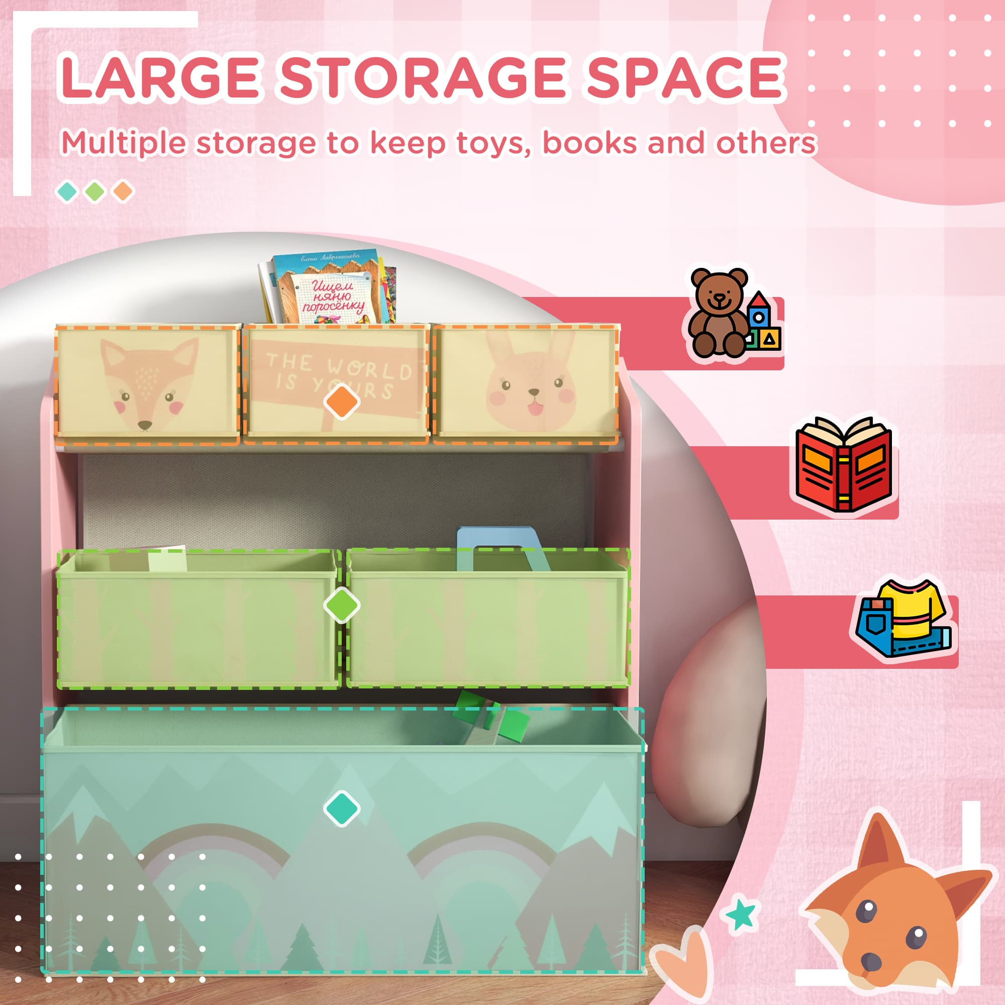 Kids Pink Toy Storage Organiser With Six Bins - image 1