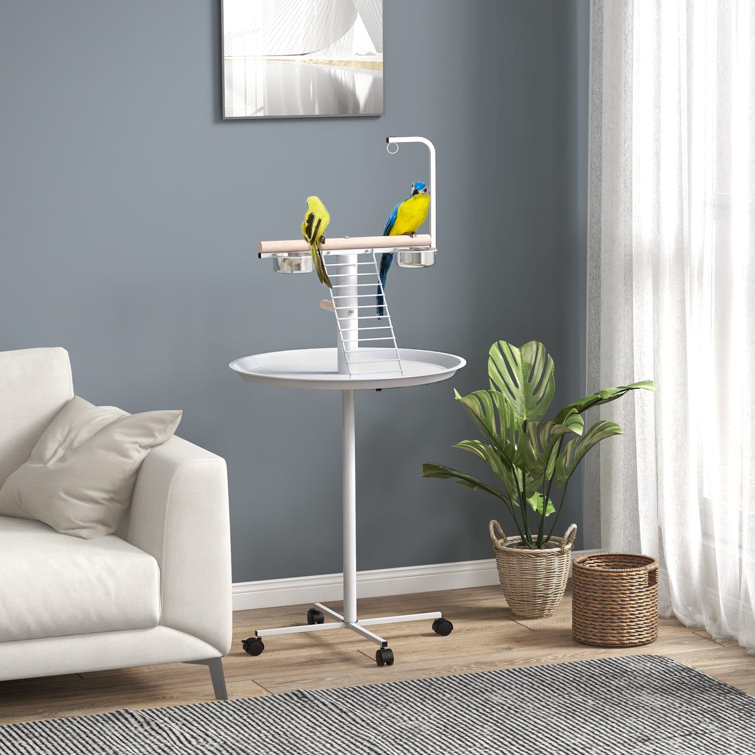 Mobile Bird Stand with Perches and Feed Bowls - image 3