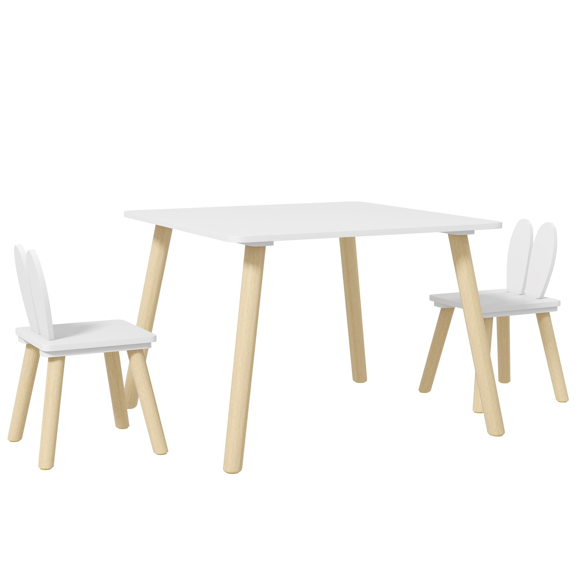 A Three-Piece Kids Table Set with Playful Bunny Ear Chairs - White