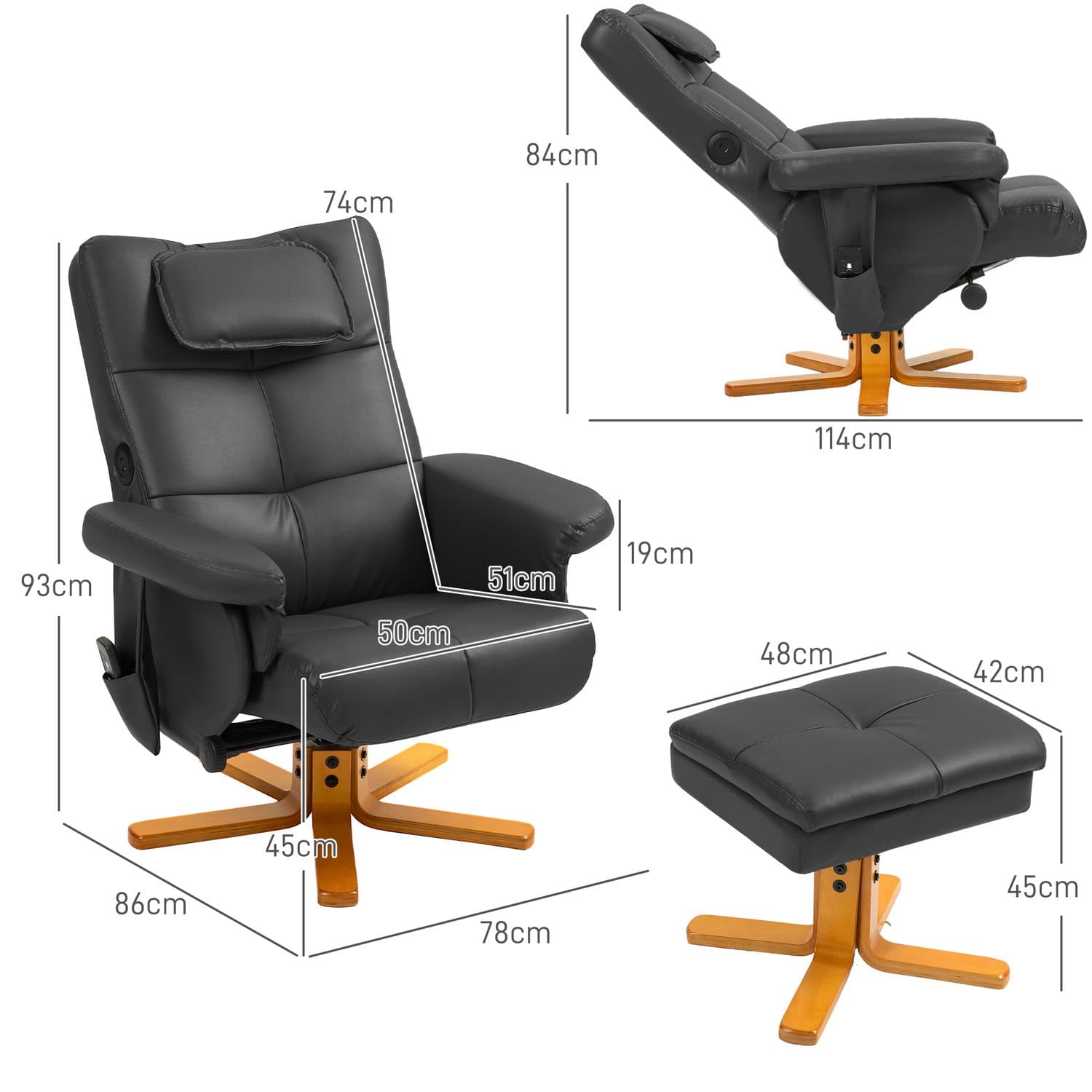 Black massage recliner with matching storage footstool - image 3