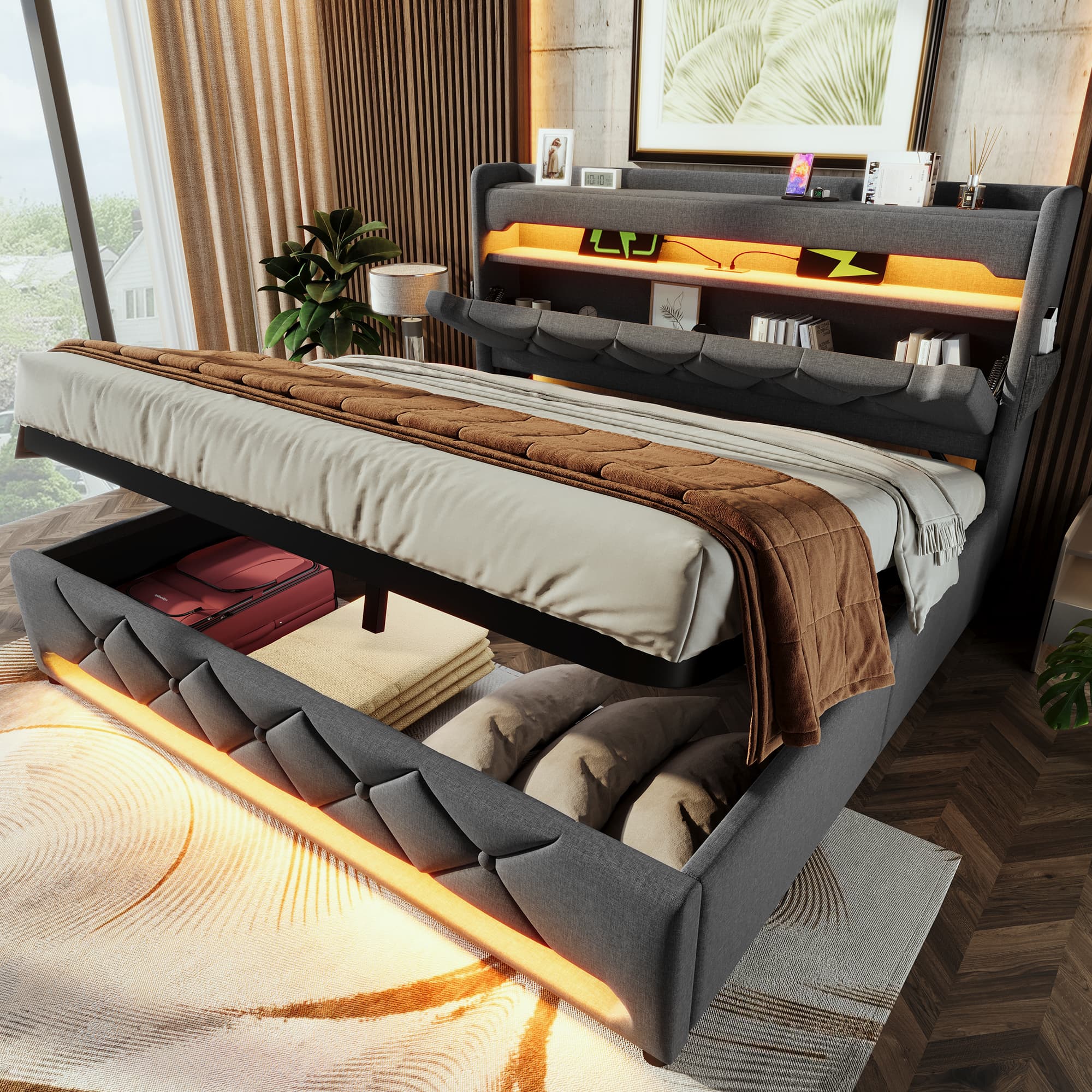 Grey Linen Ottoman Double Bed with Smart LED & USB Storage