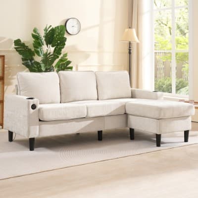Beige L-Shaped Sofa with Built-In USB & Cup Holders