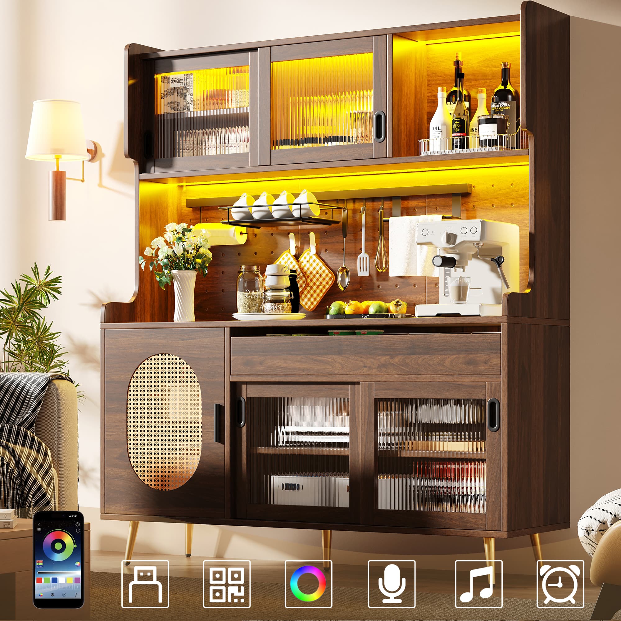 Farmhouse Style Storage Cabinet with LED Lighting and Pegboard - Brown