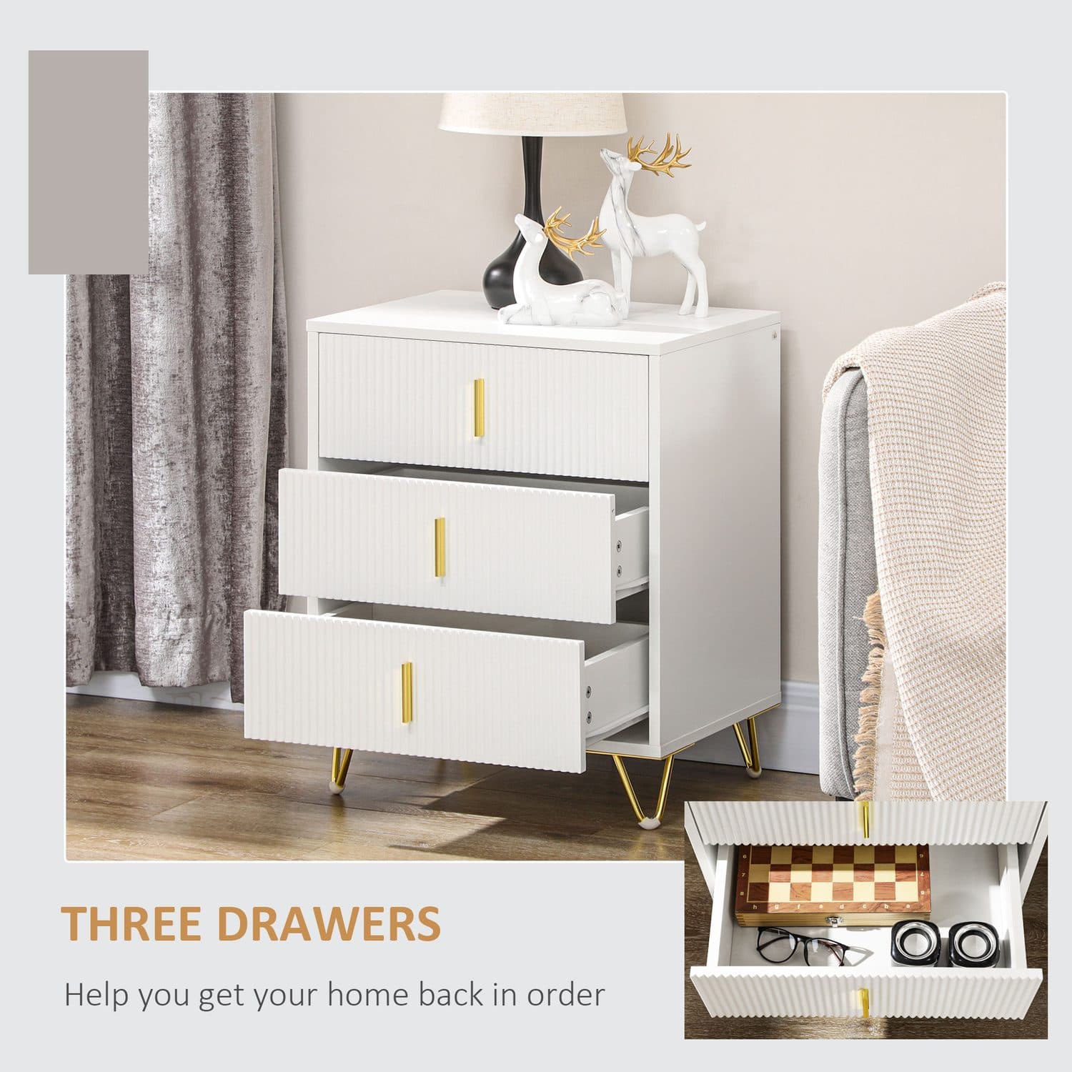 Three-Drawer Ribbed Chest with Gold Hairpin Legs - image 4