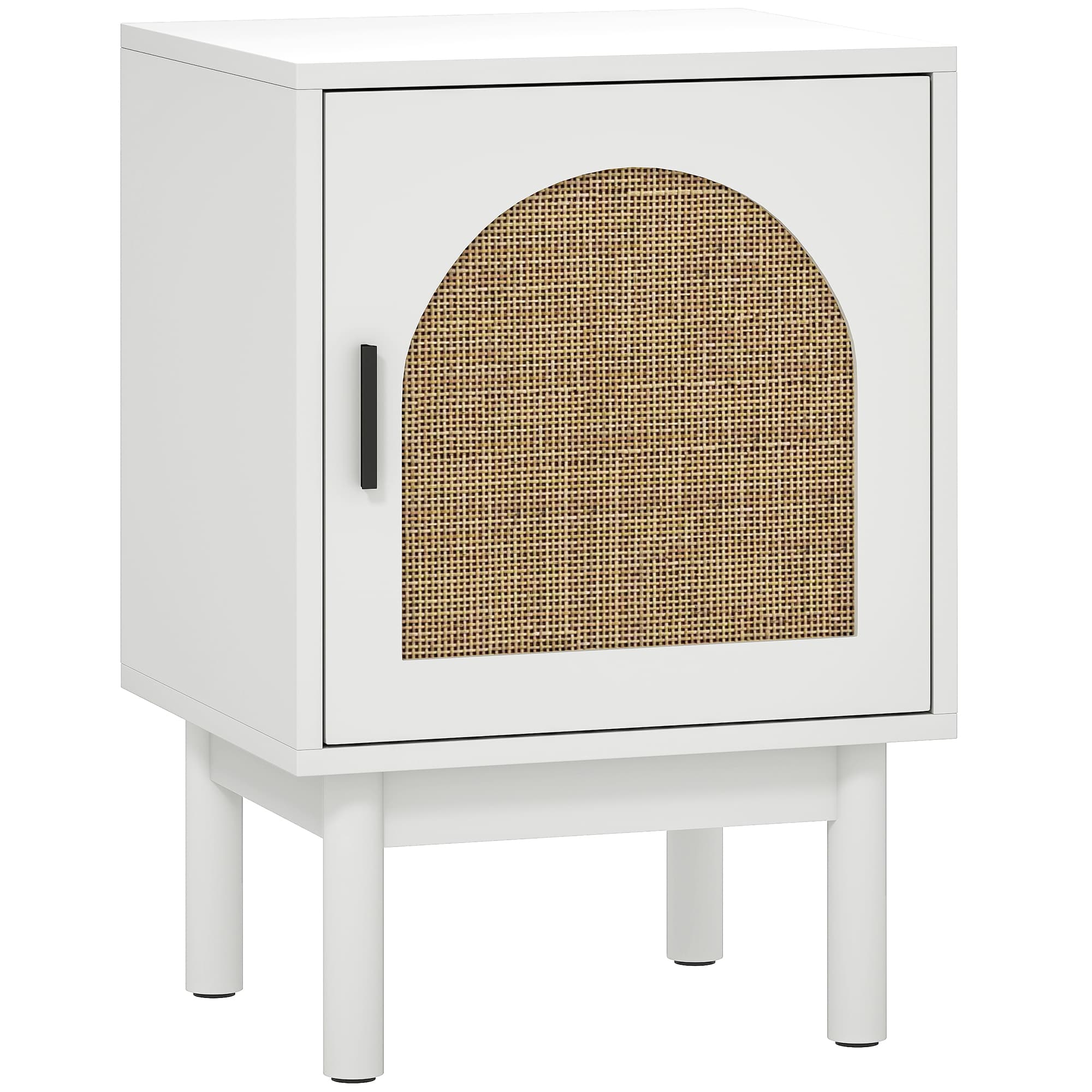 White Rattan Bedside Table with Arched Cabinet Door - White