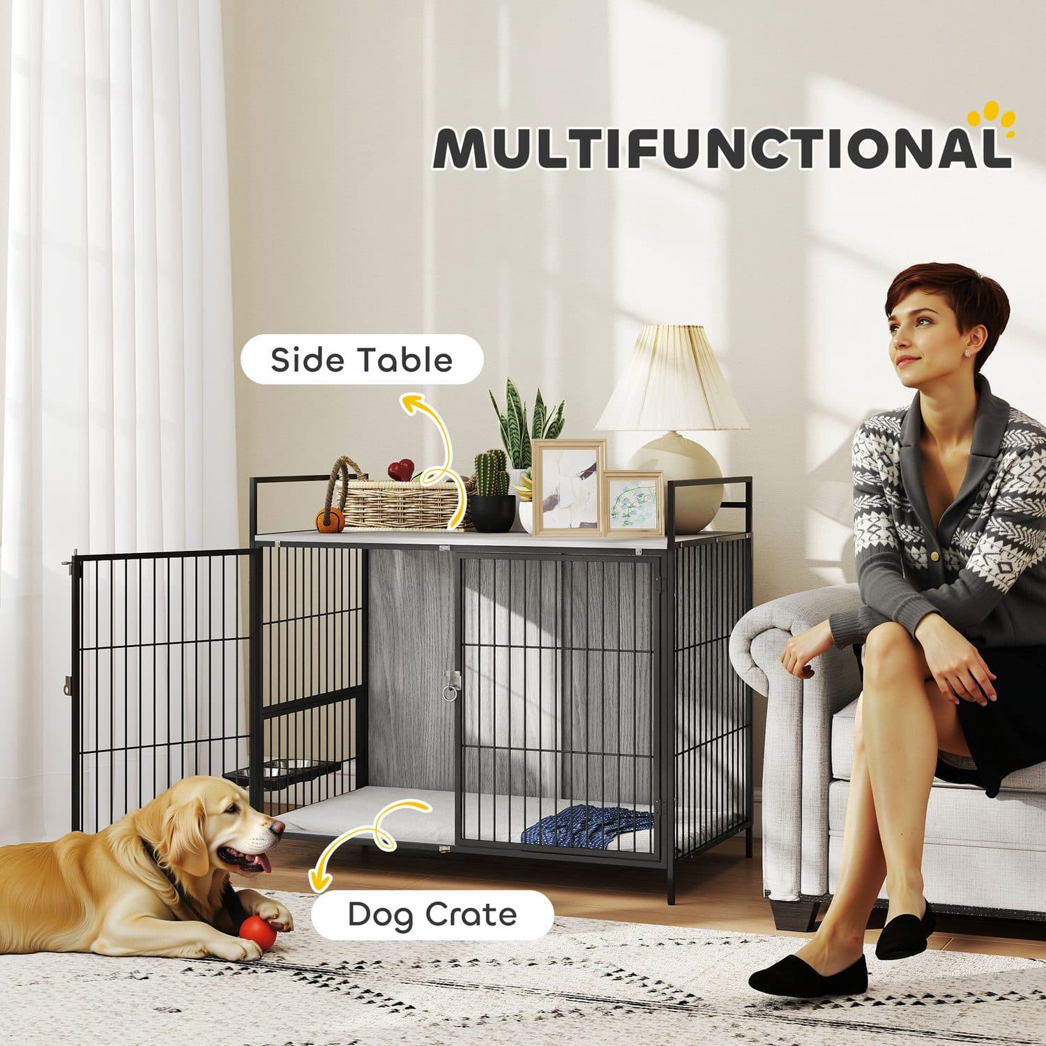 Large Dog Crate That Doubles as a Side Table with Built-In Bowl Stand - image 3