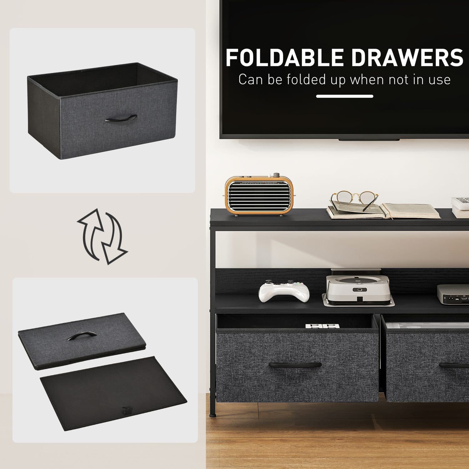 Modern Black TV Stand with Foldable Fabric Drawers - image 3