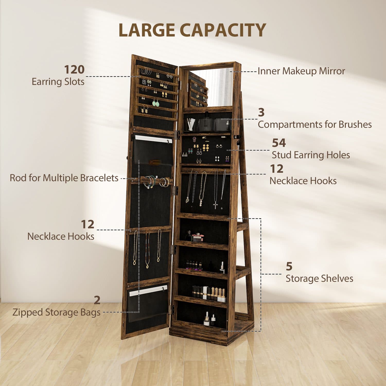 Free-Standing Jewellery Cabinet with Full-Length Swivel Mirror - image 3