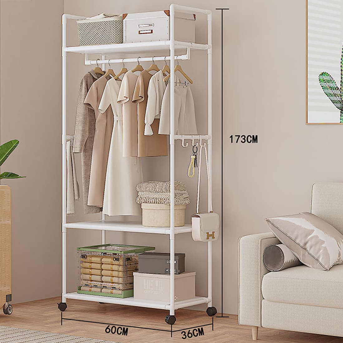 White Clothes Rail with Four Shelves and Rolling Castors, 173 cm - Default
