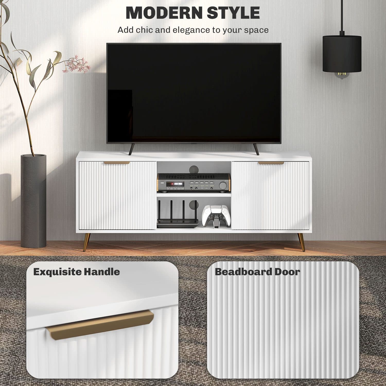 White TV Stand with Fluted Doors and Brass Tapered Legs - image 3