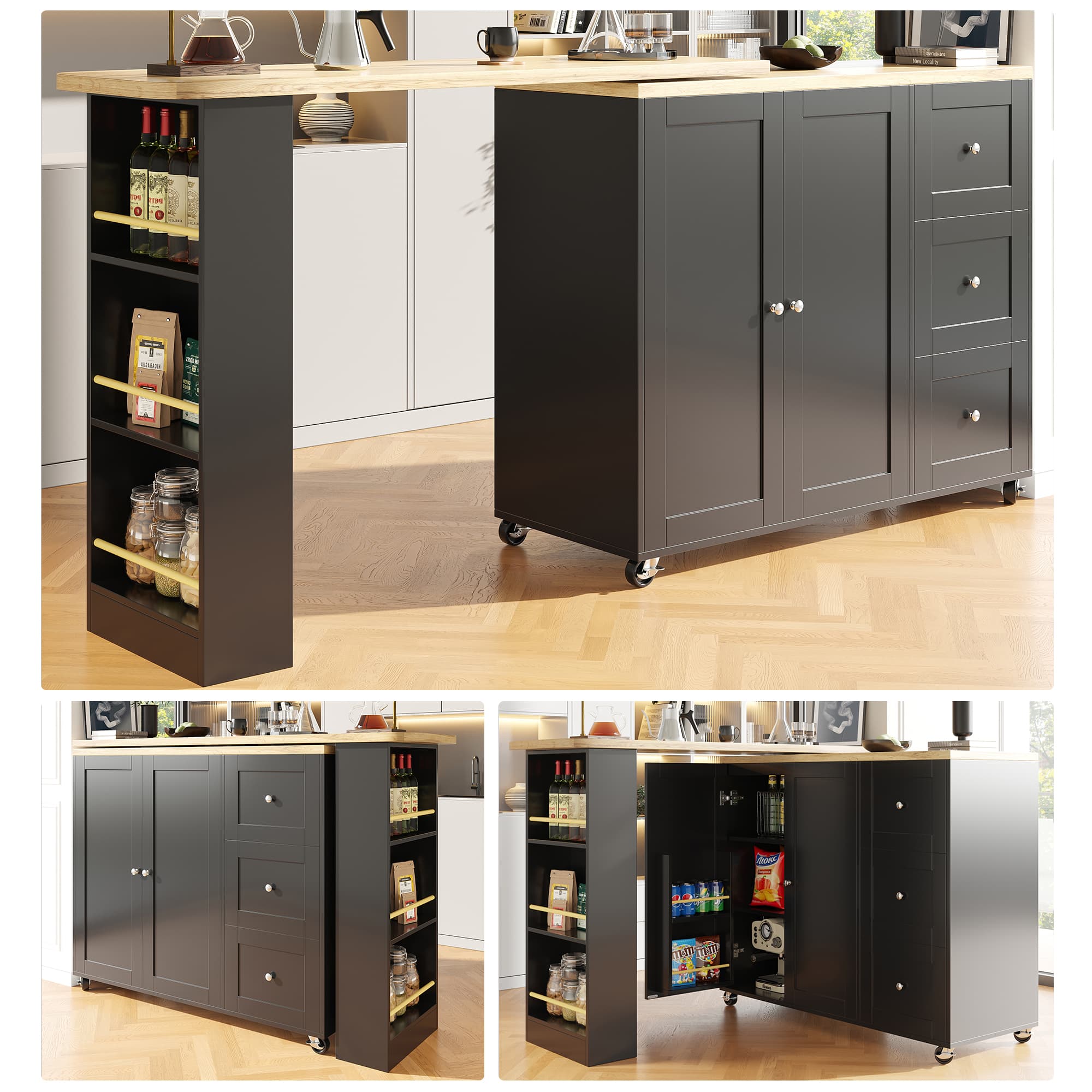 Multifunctional Swivel Bar Table with 3 Drawers, Black
