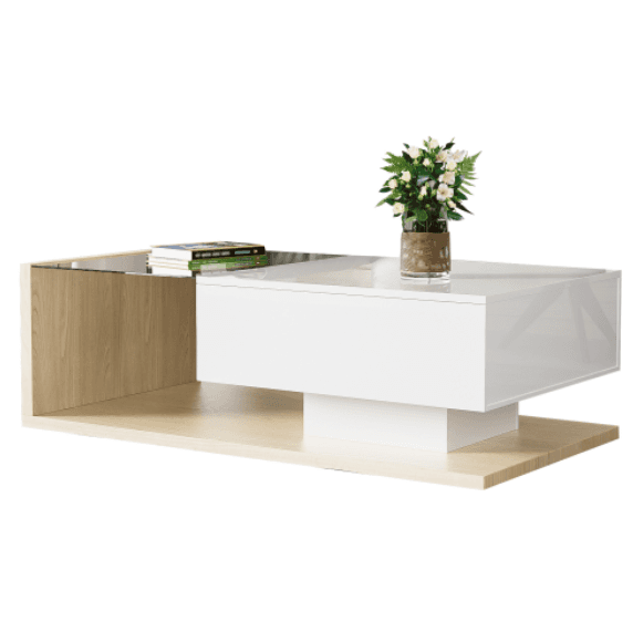 Modern Coffee Table with LED Lights, White High Gloss & Wood Finish - image 5