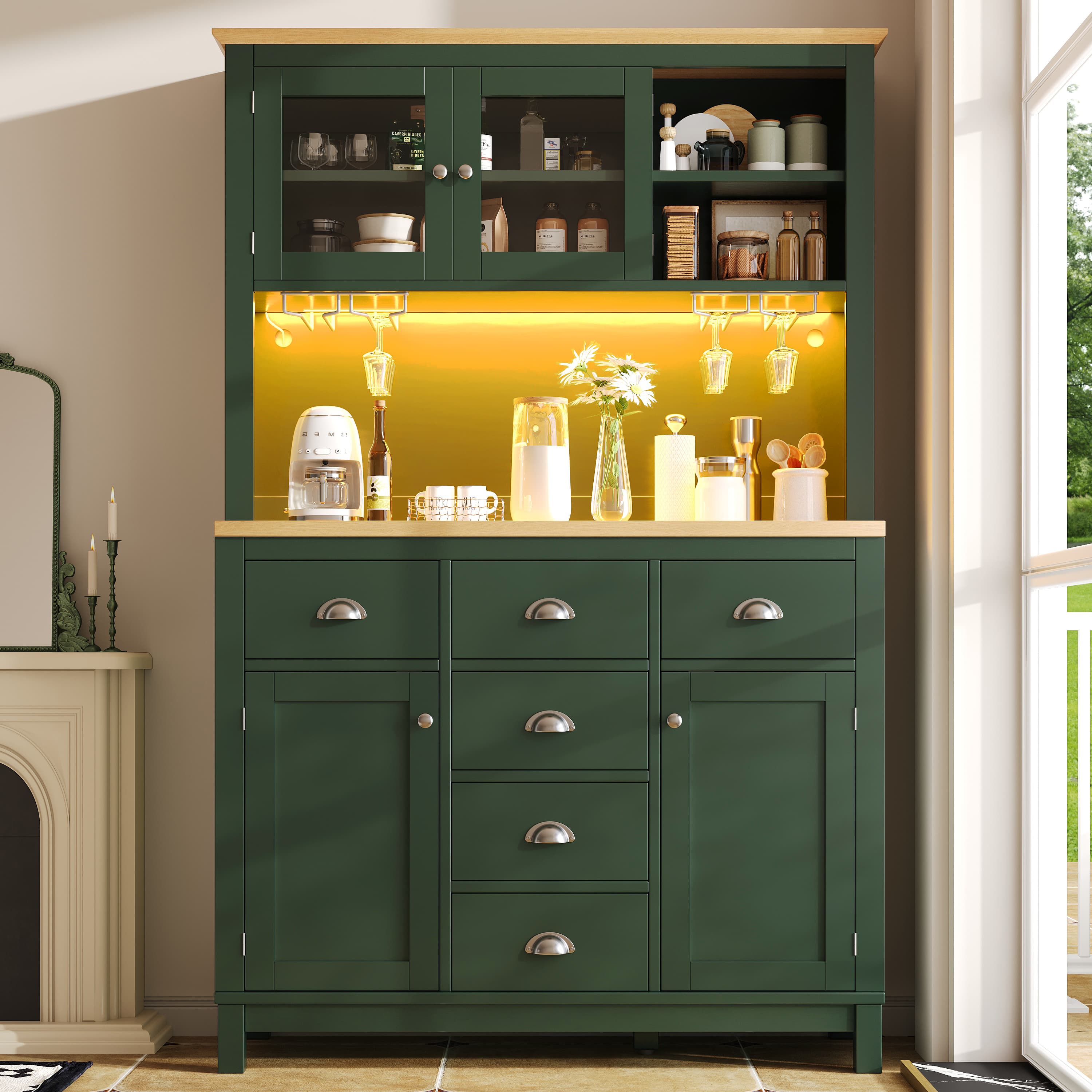 Storage: Farmhouse Sideboard with LED & Drink Holders - Green