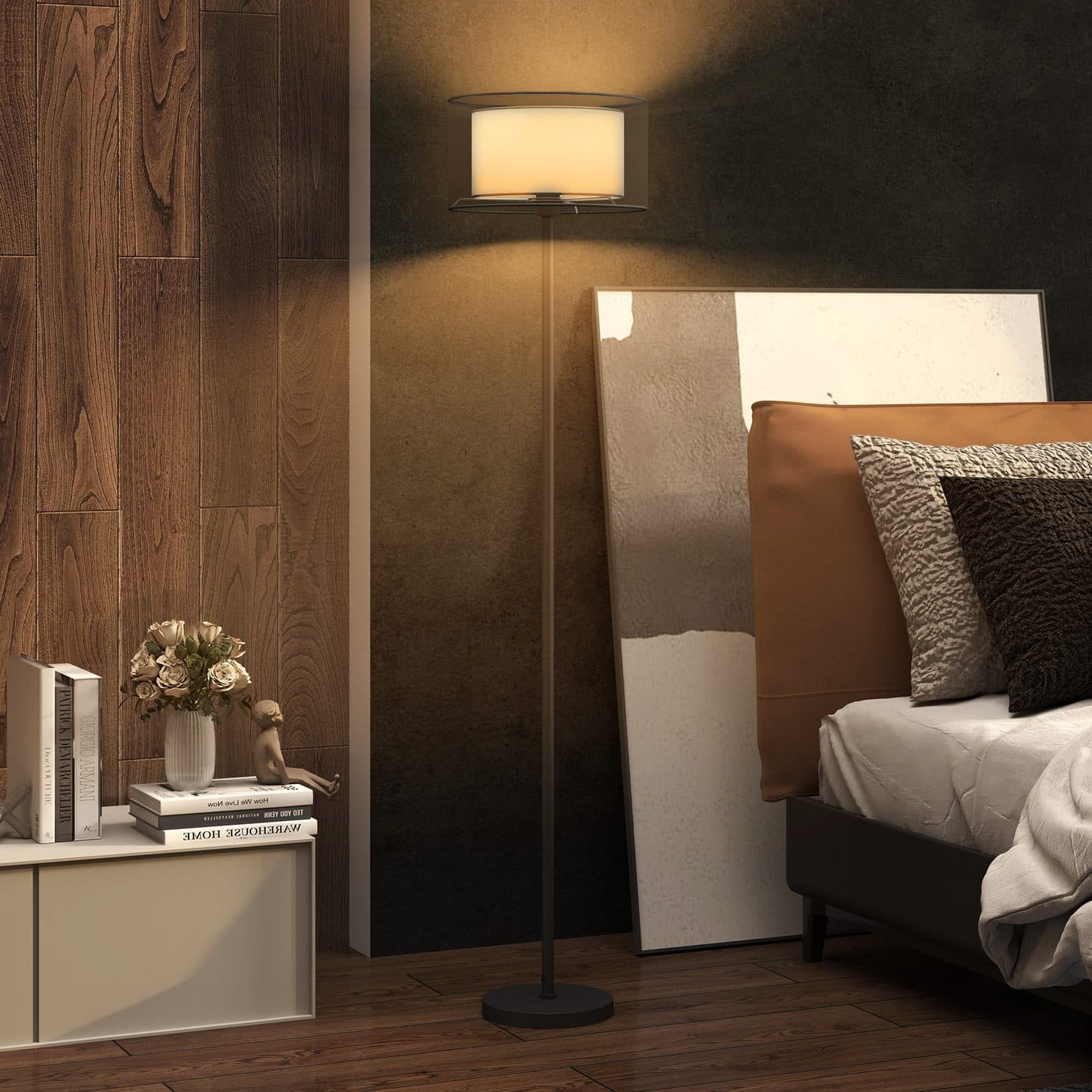 Black Standing Floor Lamp with Double-Layer Drum Shade - image 5