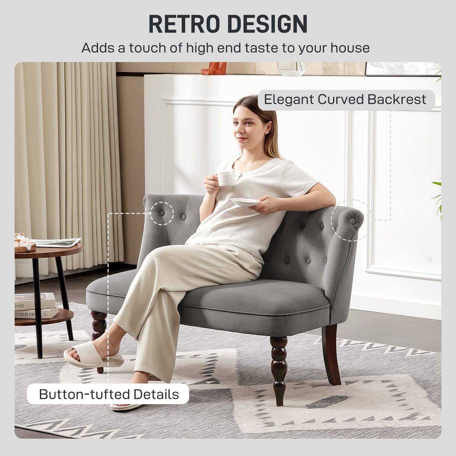 Button-Tufted Velvet Loveseat in Charcoal Grey with Turned Wood Legs - image 1